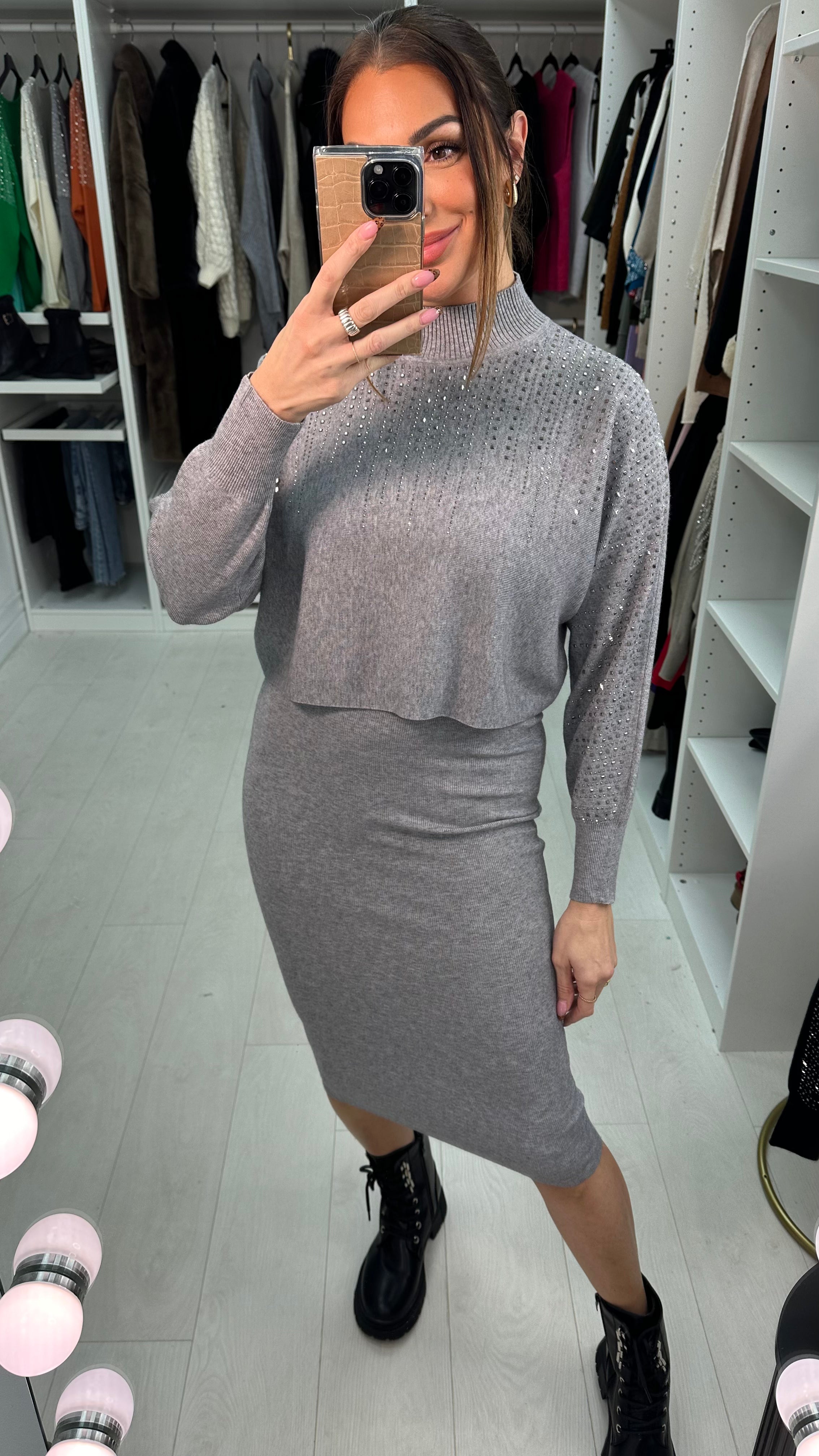 Clair Diamante Detail High Neck Knitted Dress Co-Ord Set