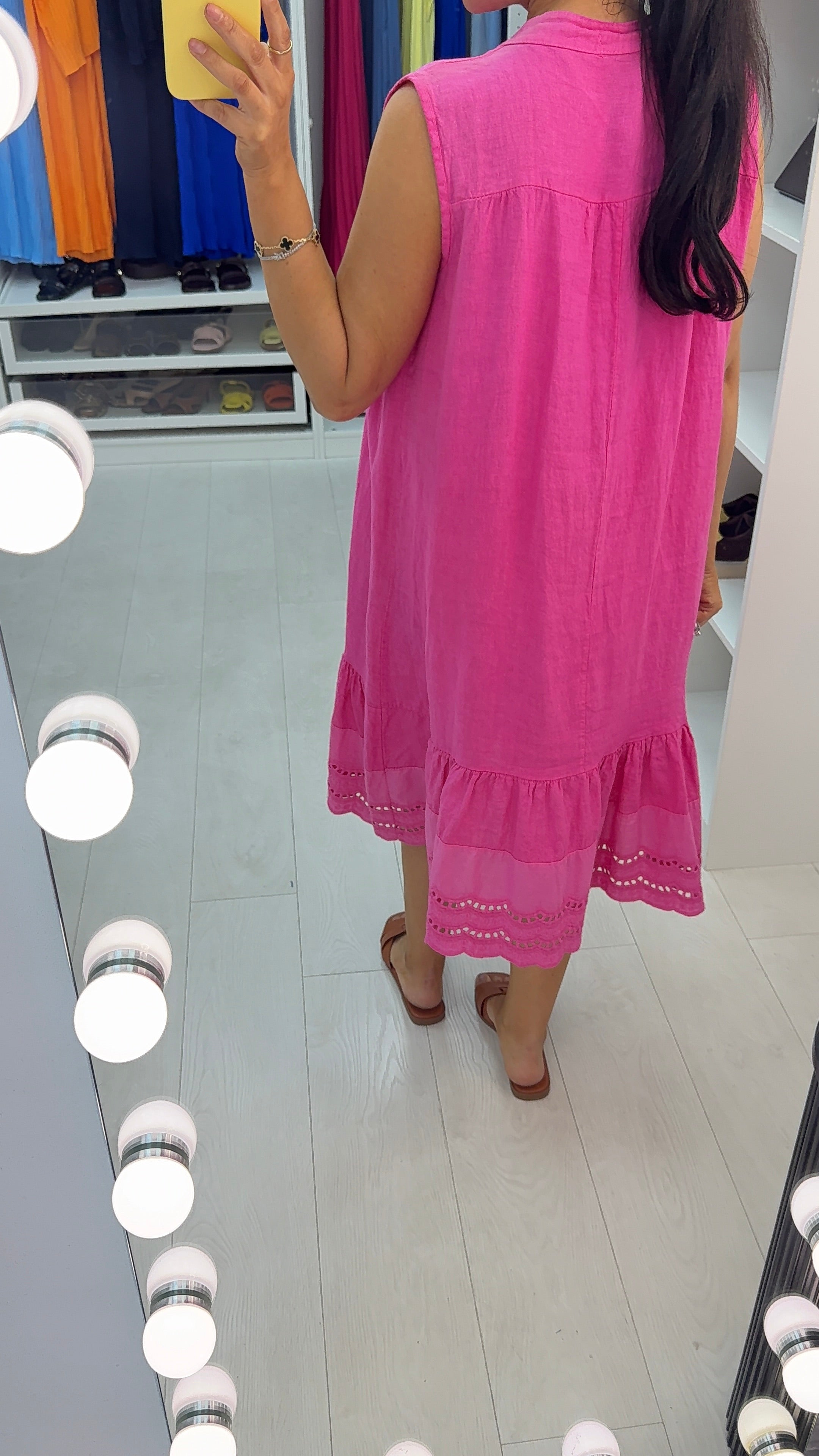 Velma Plain Button Detailed Scalloped Hem Linen Dress