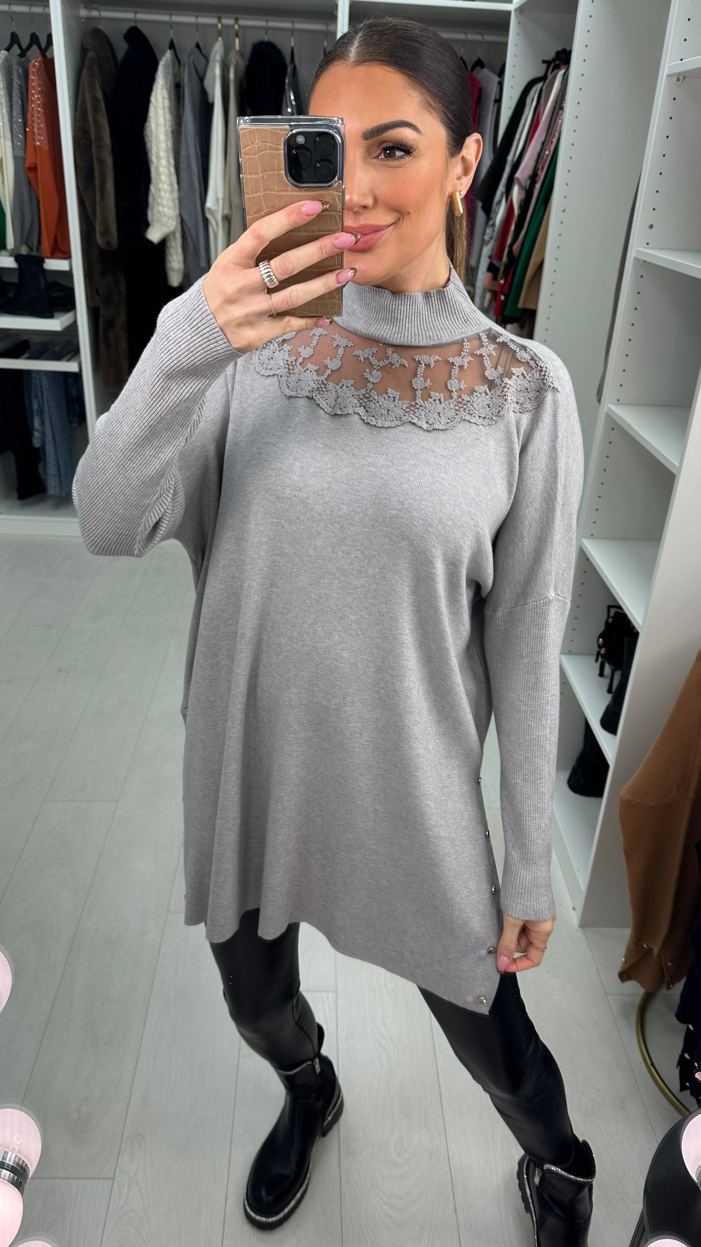 Anastasia Lace Neckline Longline Tunic Jumper