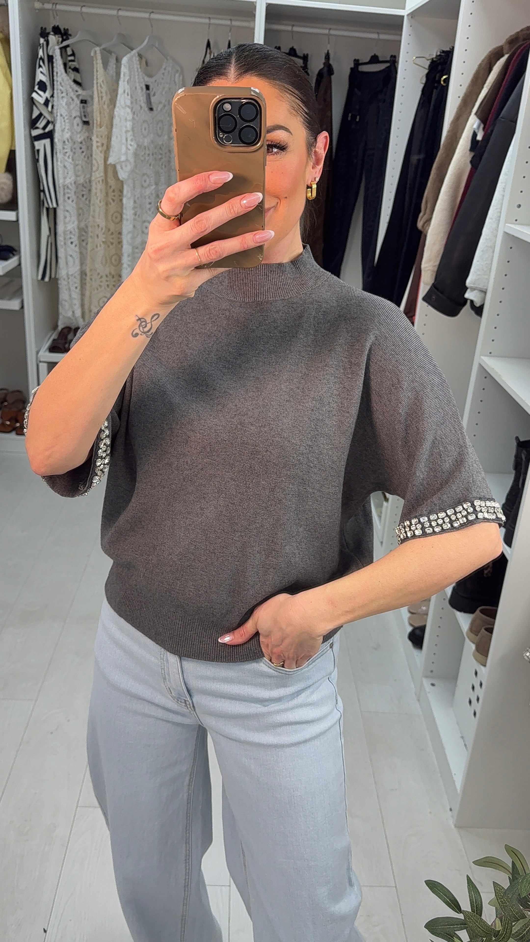 Arita Diamante Sleeve Detail High Neck Jumper