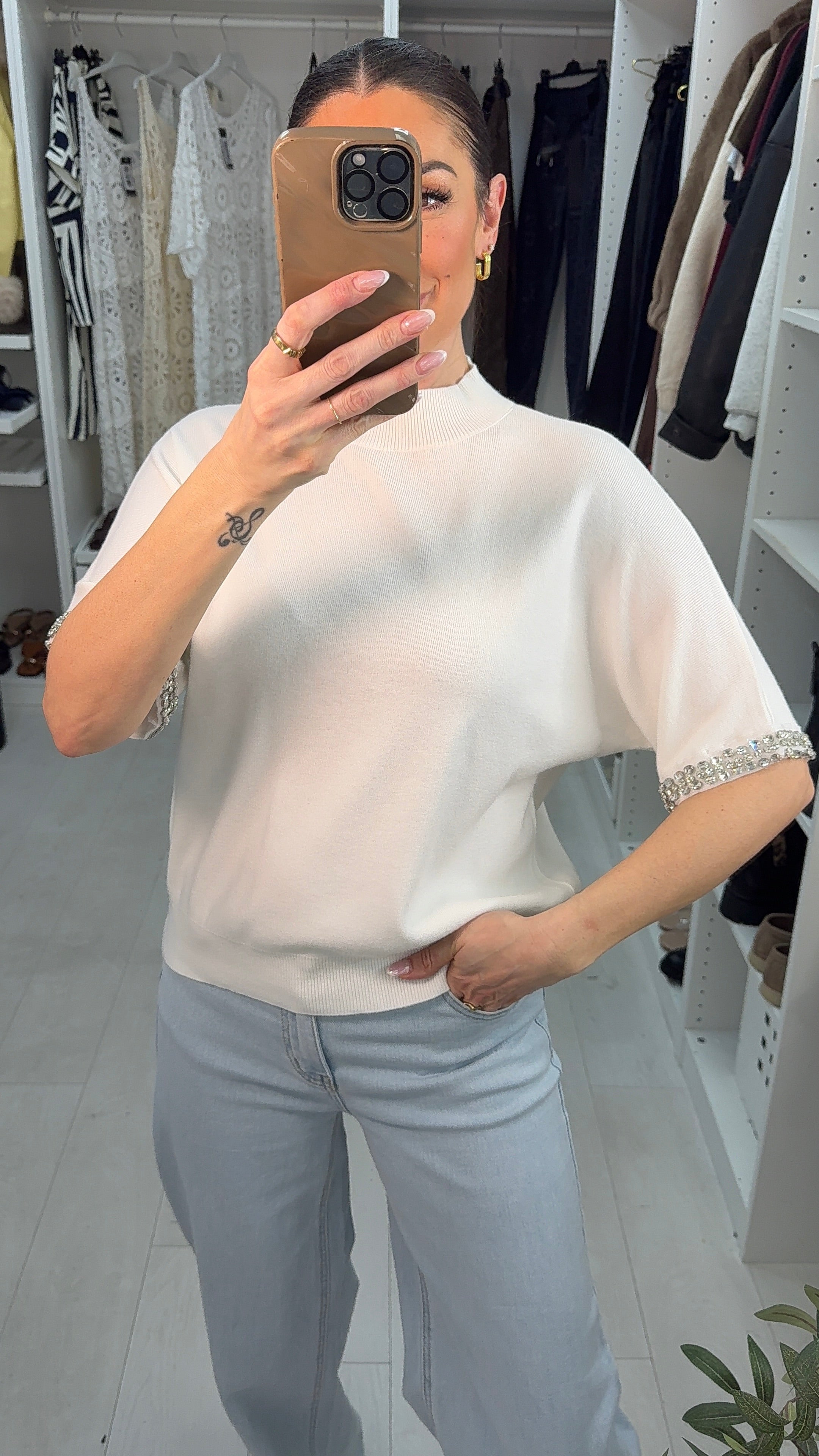 Arita Diamante Sleeve Detail High Neck Jumper