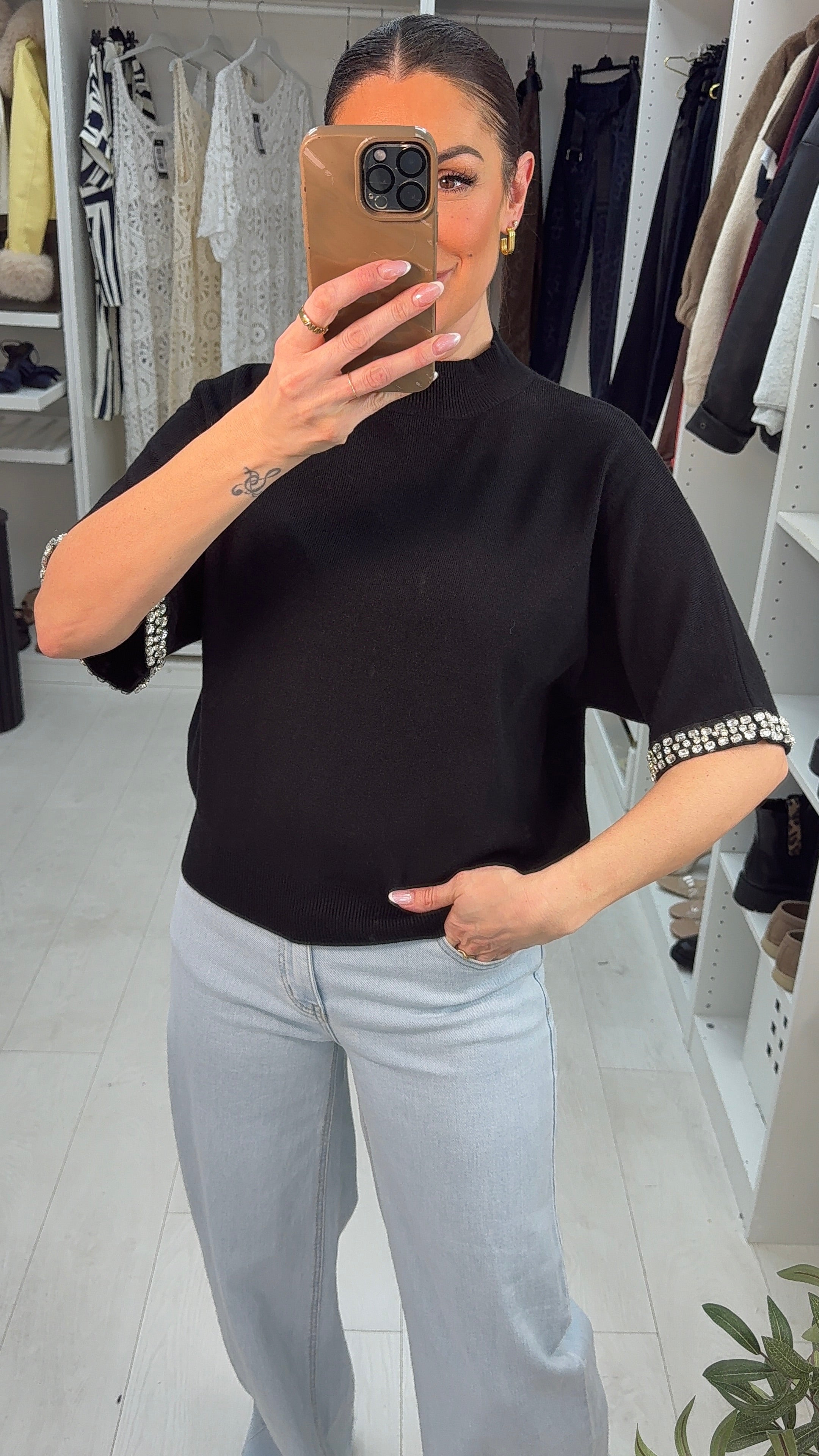 Arita Diamante Sleeve Detail High Neck Jumper