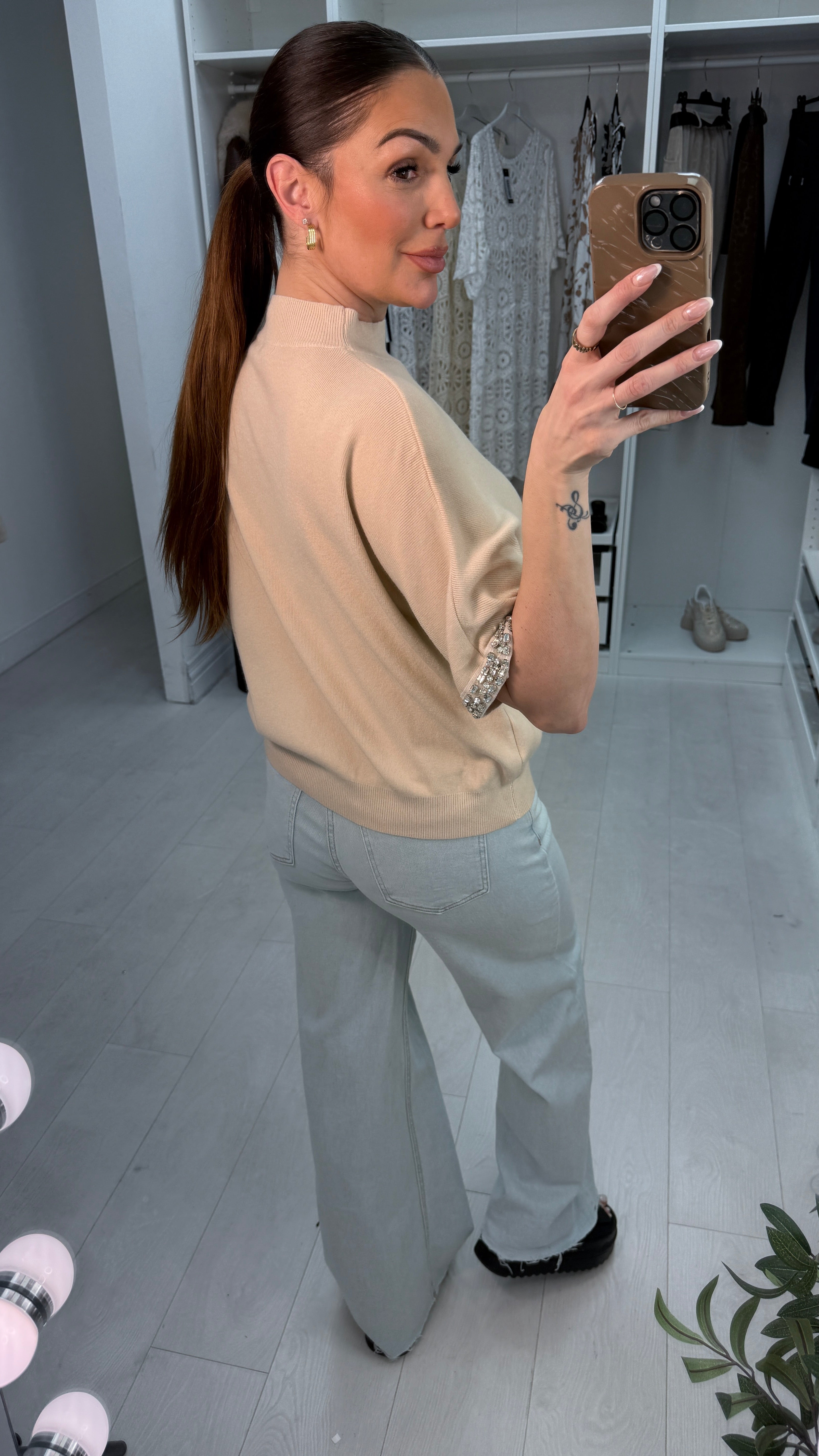 Arita Diamante Sleeve Detail High Neck Jumper