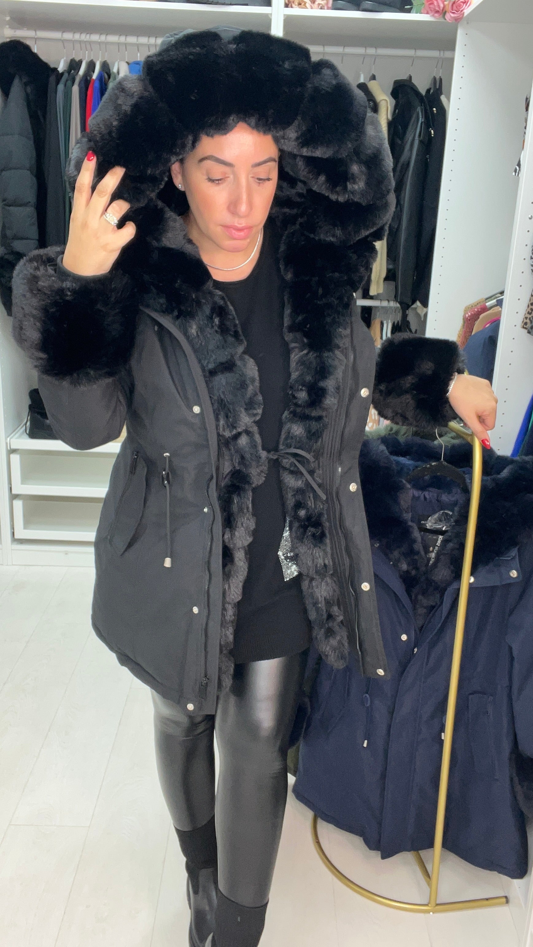 Jaya Black Faux Fur Hooded Toggle Coat