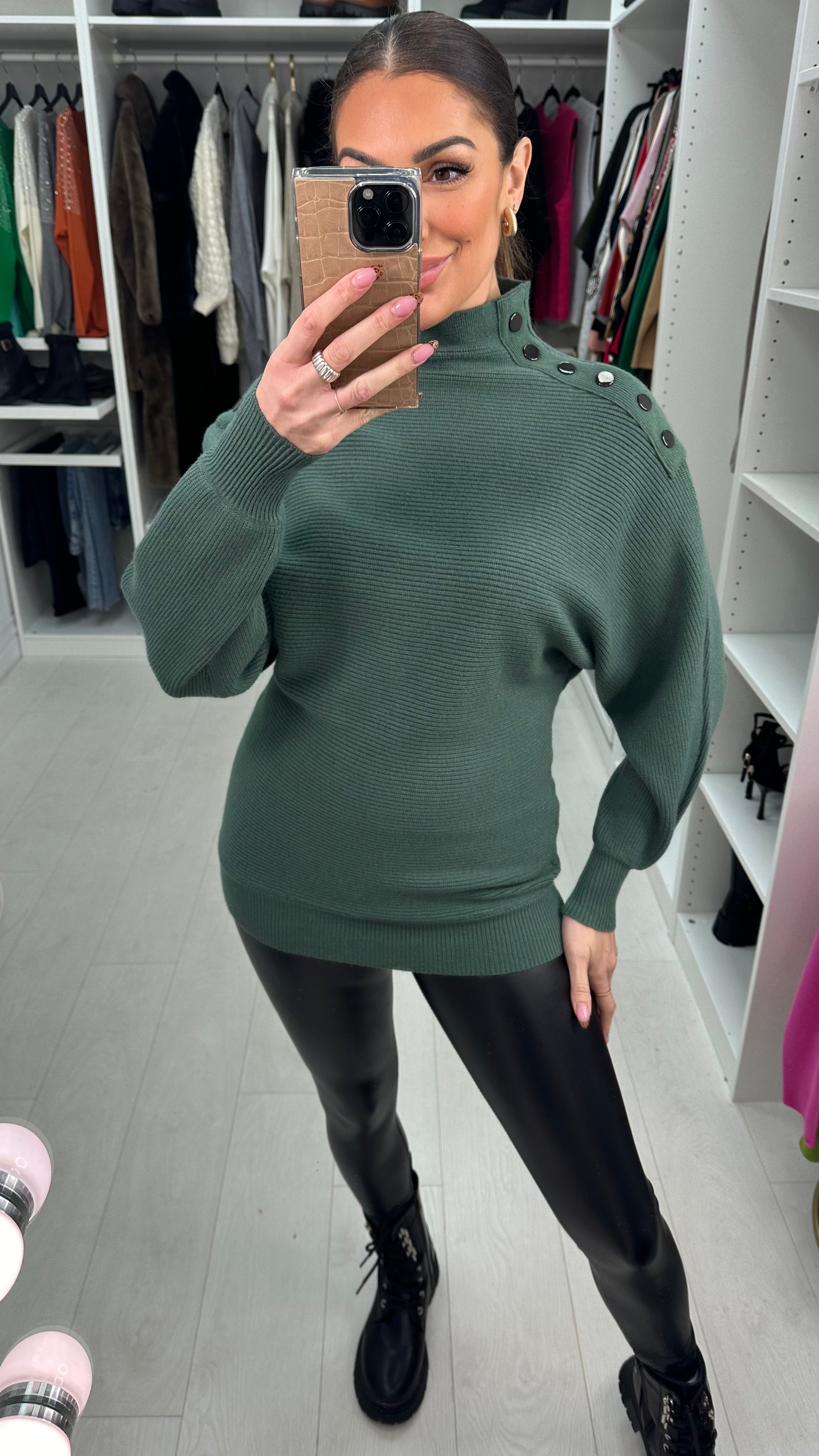 Tamzyn High Neck Button Shoulder Detail Knit Jumper