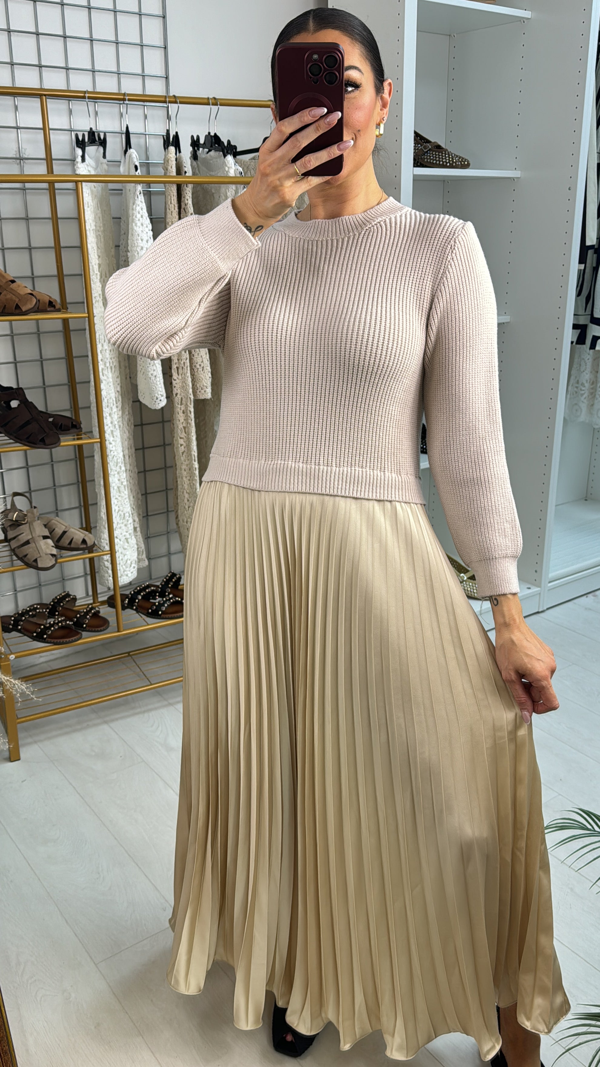 Elise Plain 2-In-1 Knitted Top Silk Pleated Dress