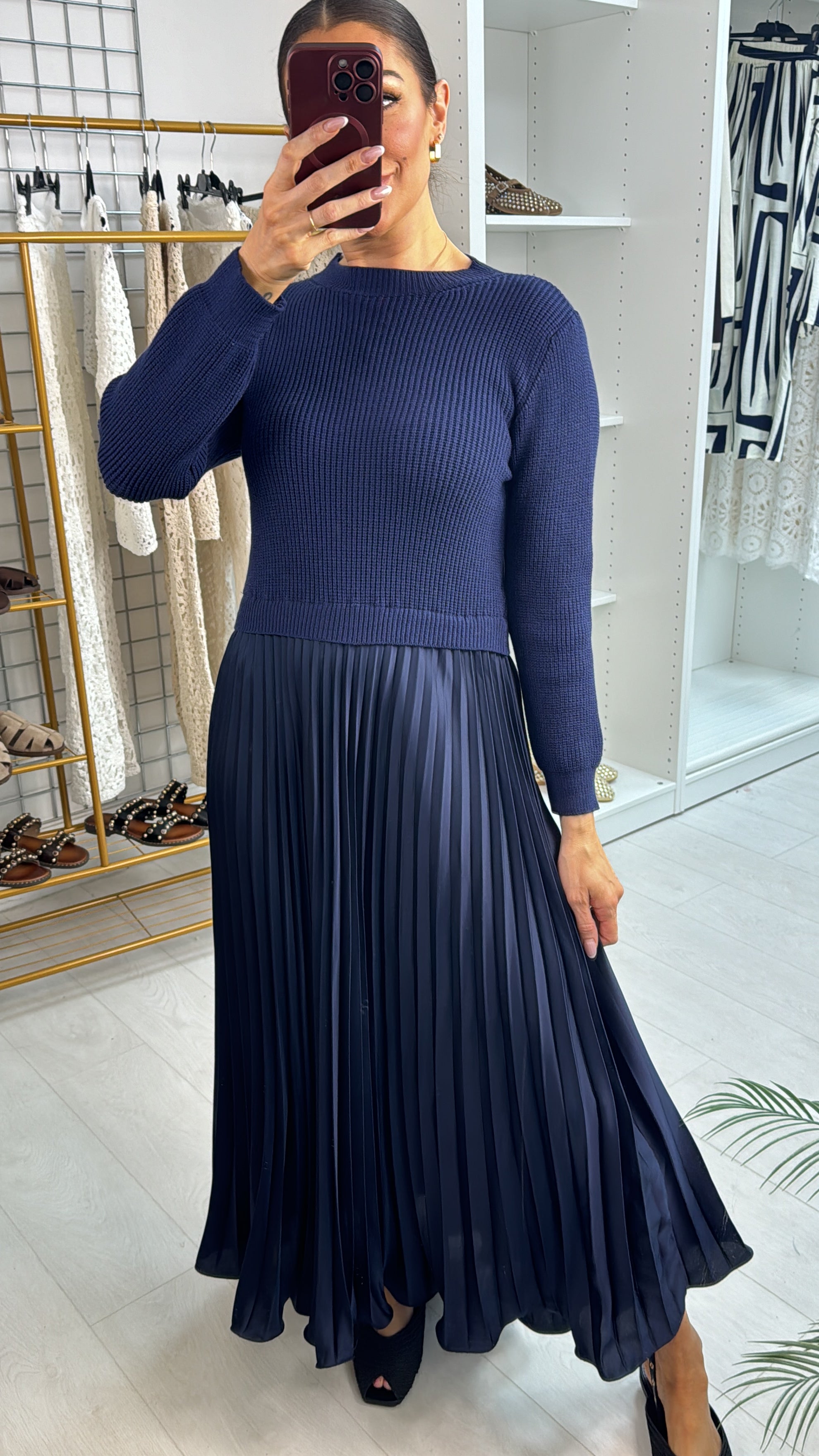 Elise Plain 2-In-1 Knitted Top Silk Pleated Dress