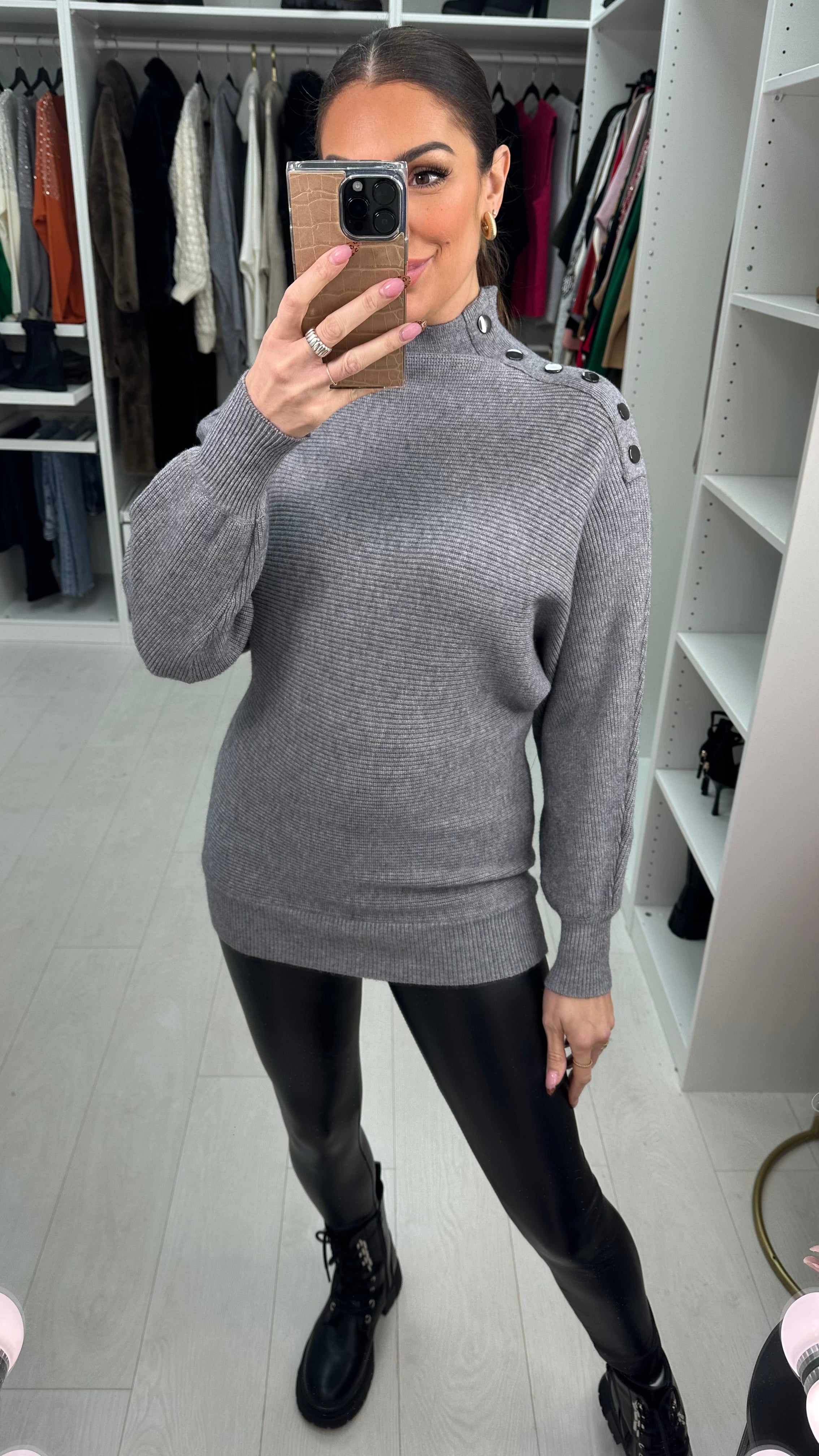 Tamzyn High Neck Button Shoulder Detail Knit Jumper