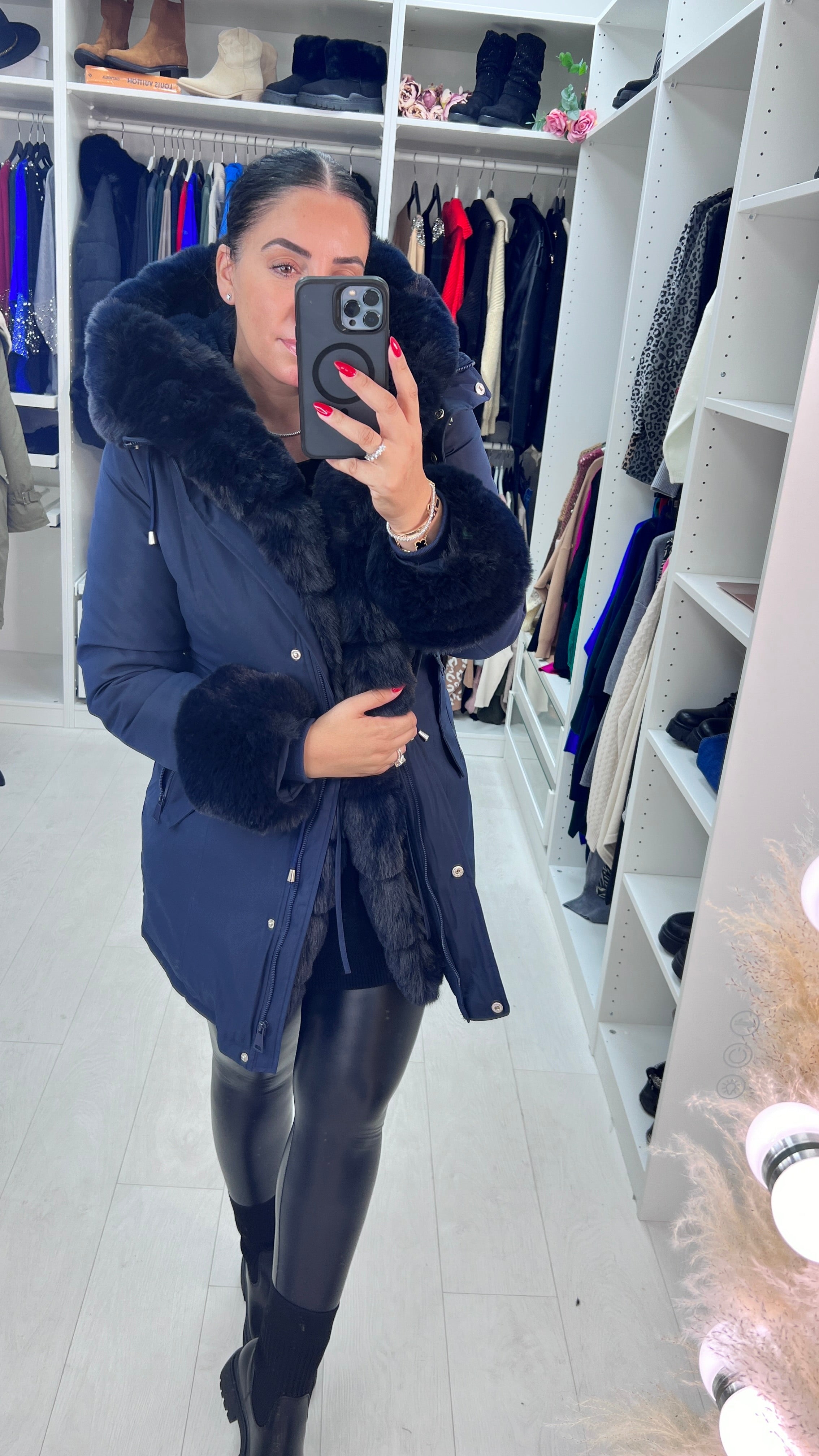 Jaya Navy Faux Fur Hooded Toggle Coat