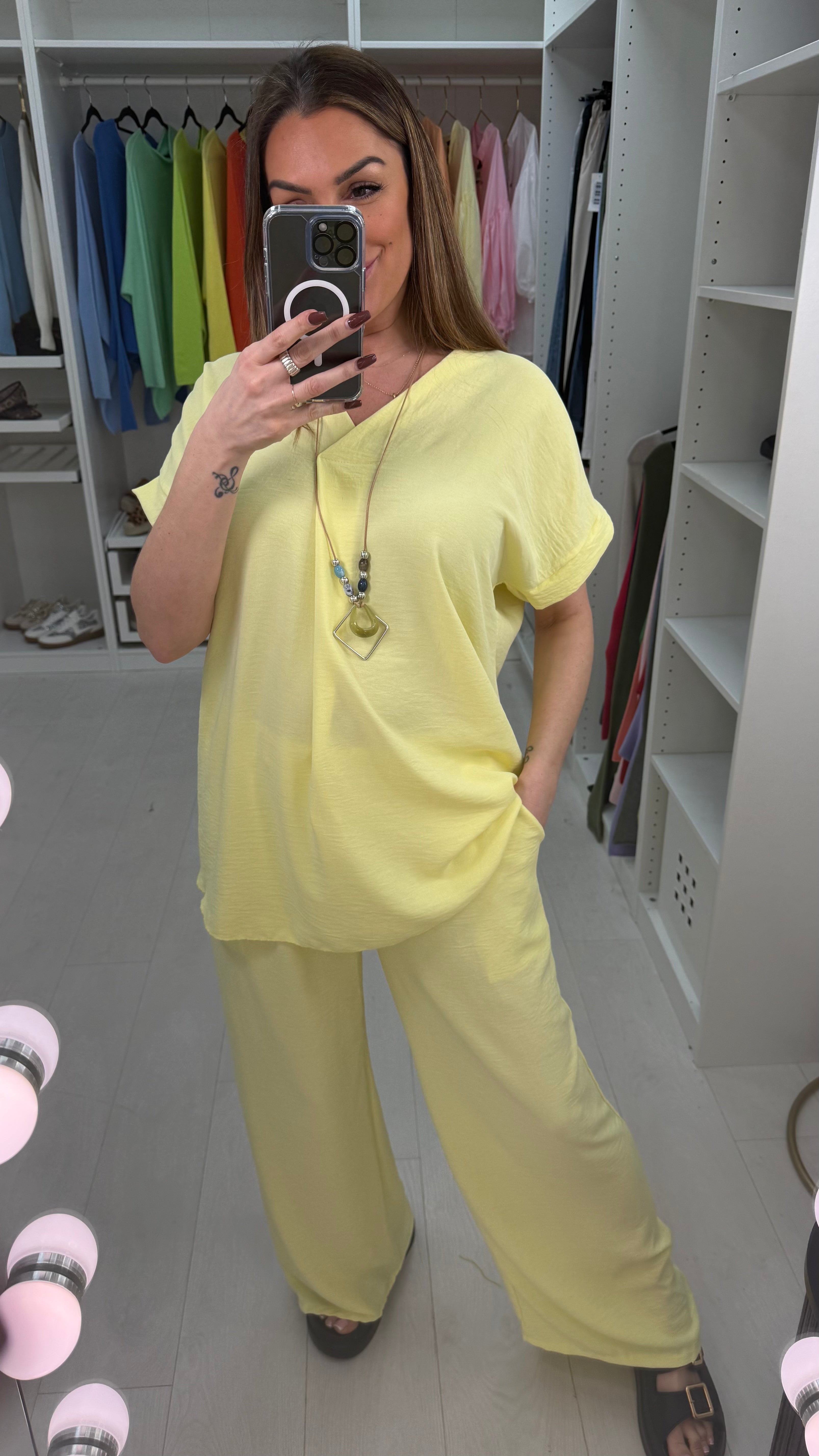 Latisha Plain V Neck Loose Fit Crepe Co-Ord Set