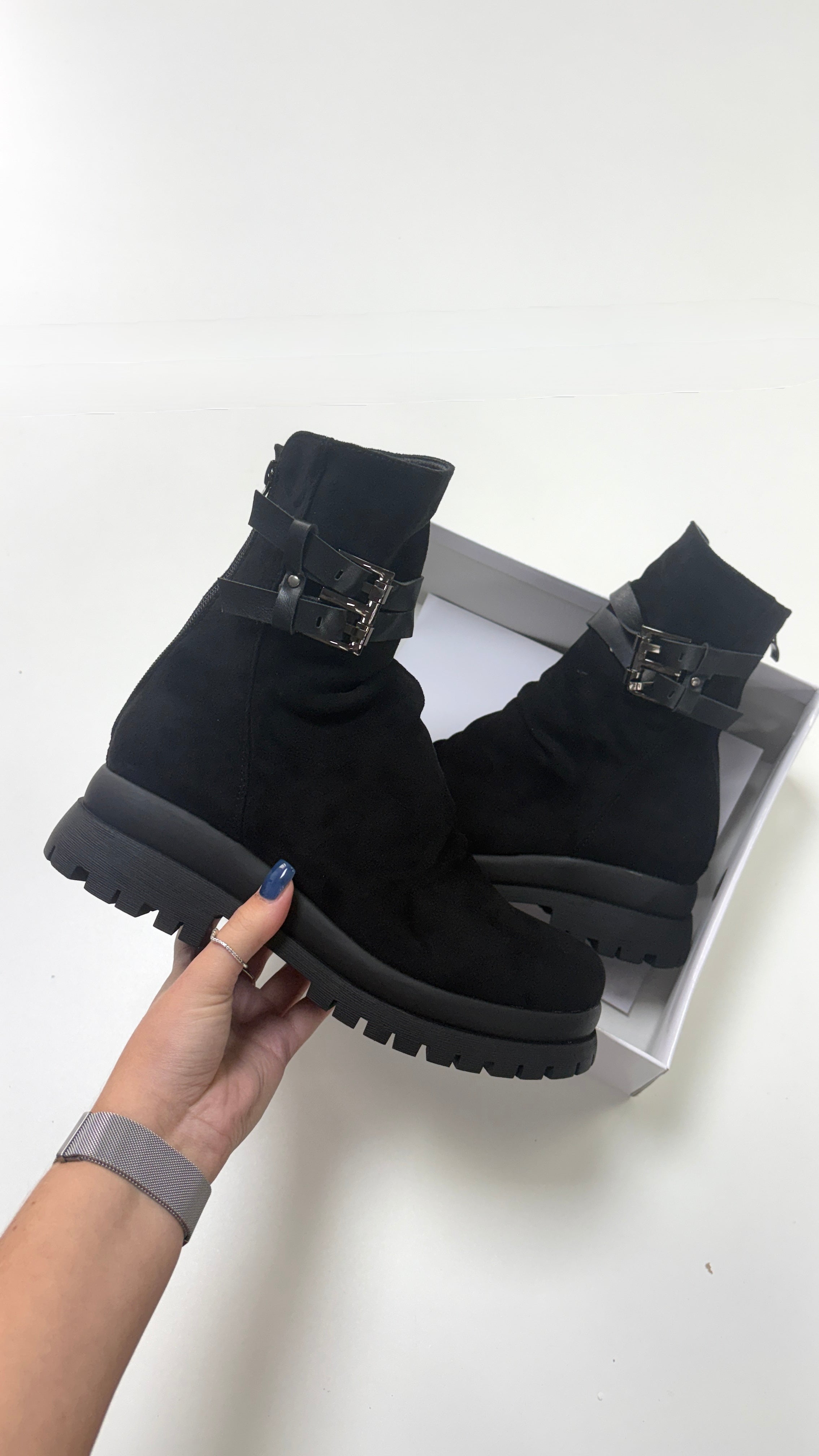 Leslie Faux Suede Buckle Detail Chunky Boots