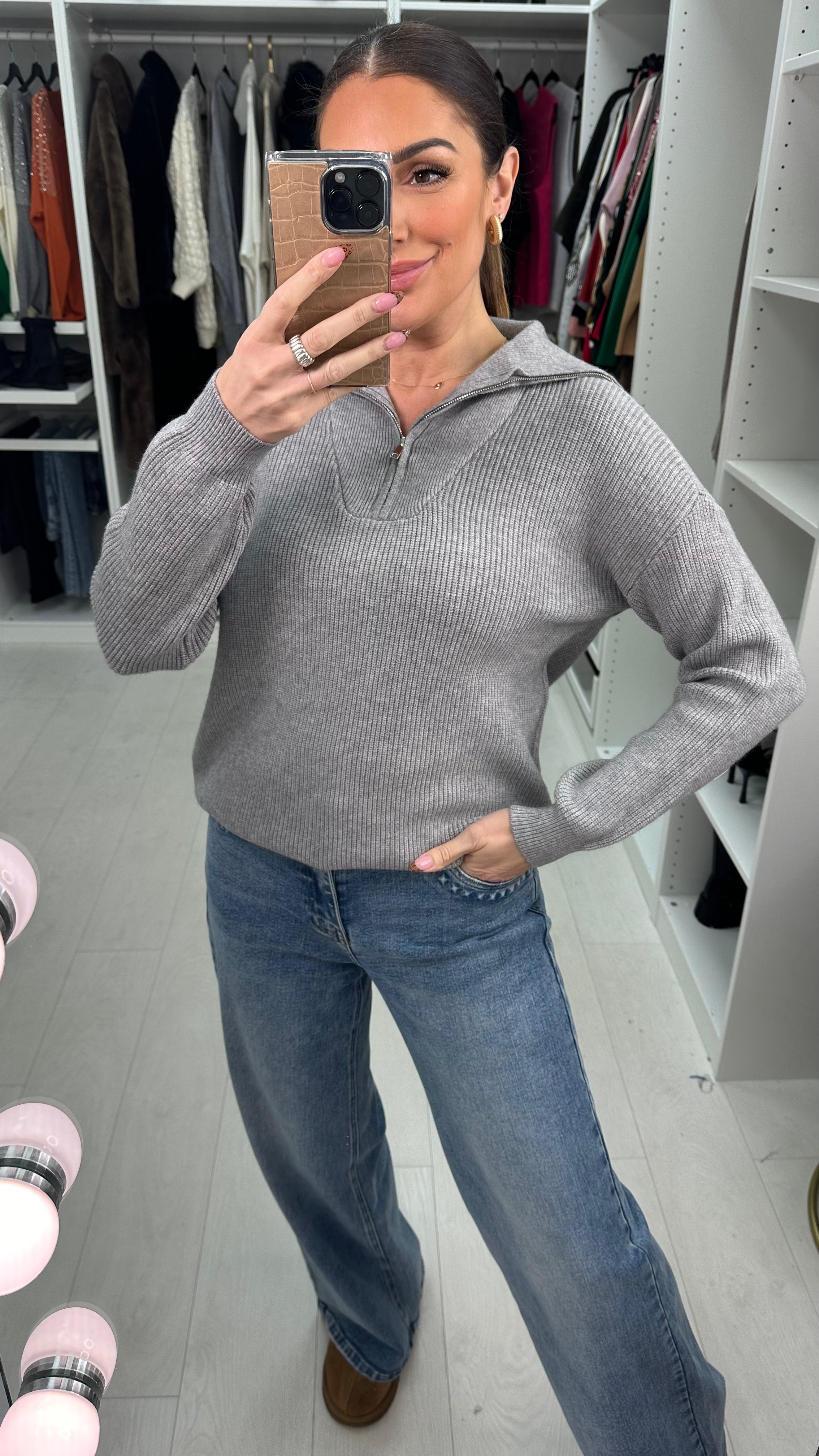 Devyn Plain Ribbed Half-Zip Knit Jumper