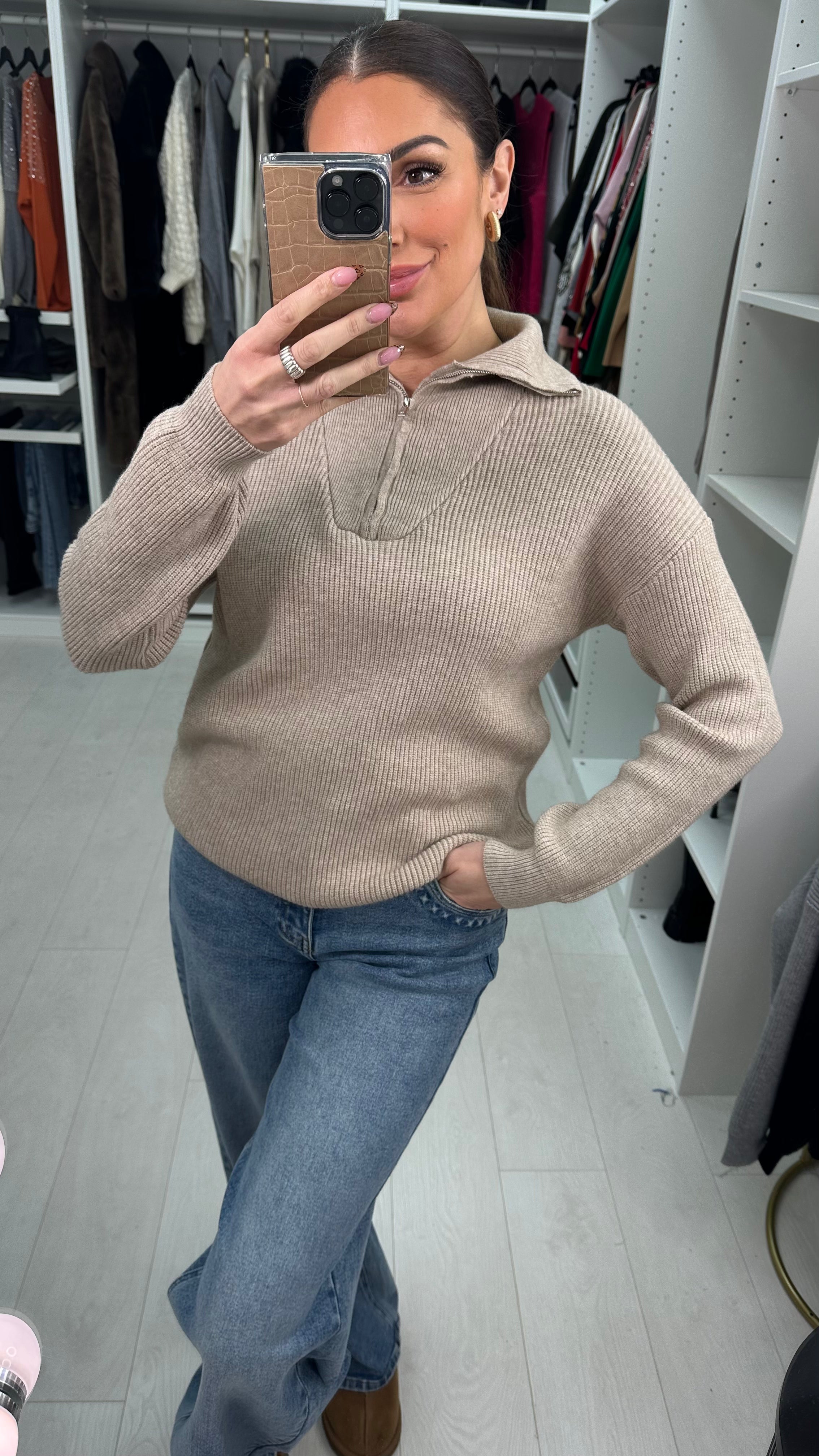 Devyn Plain Ribbed Half-Zip Knit Jumper