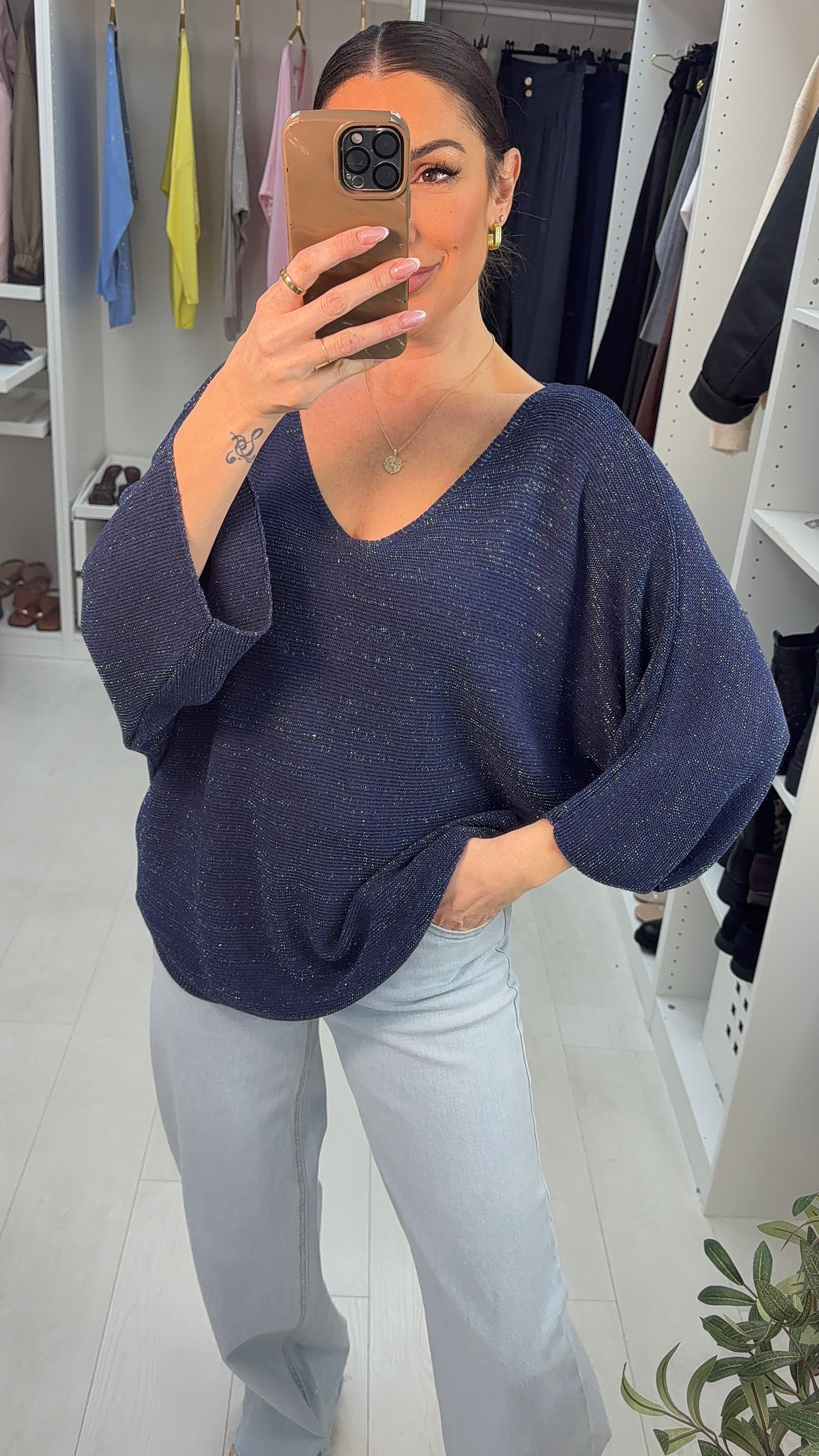 Whitney Lurex V Neck Batwing Sleeve Jumper