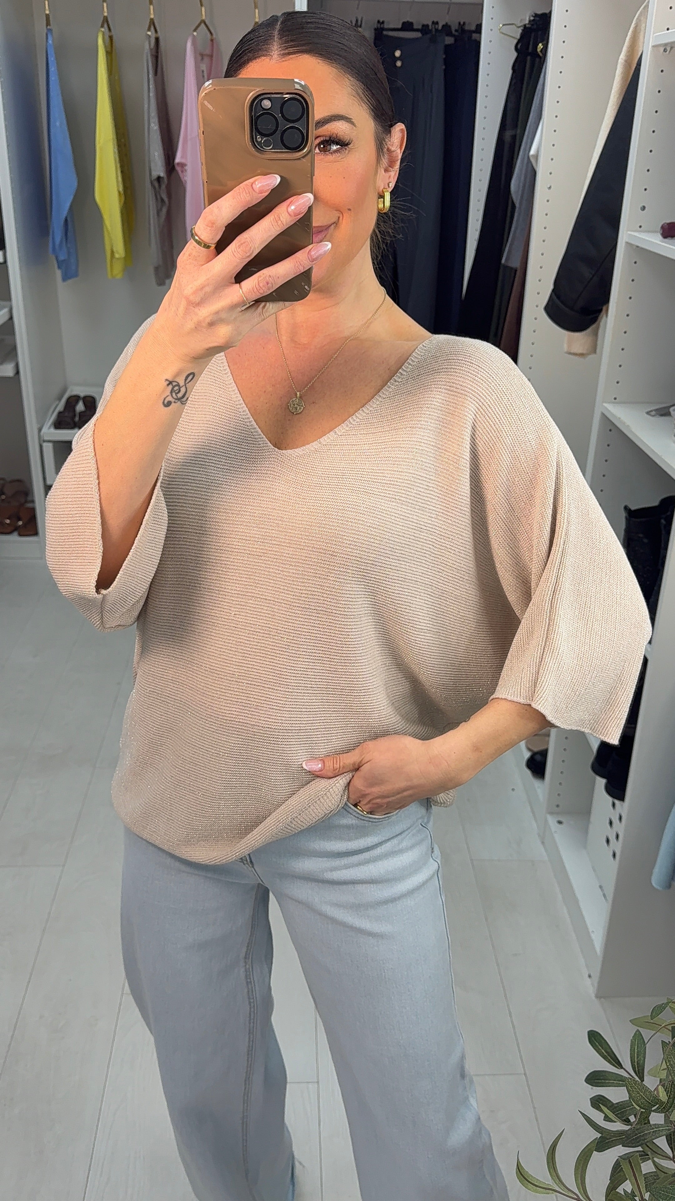 Whitney Lurex V Neck Batwing Sleeve Jumper