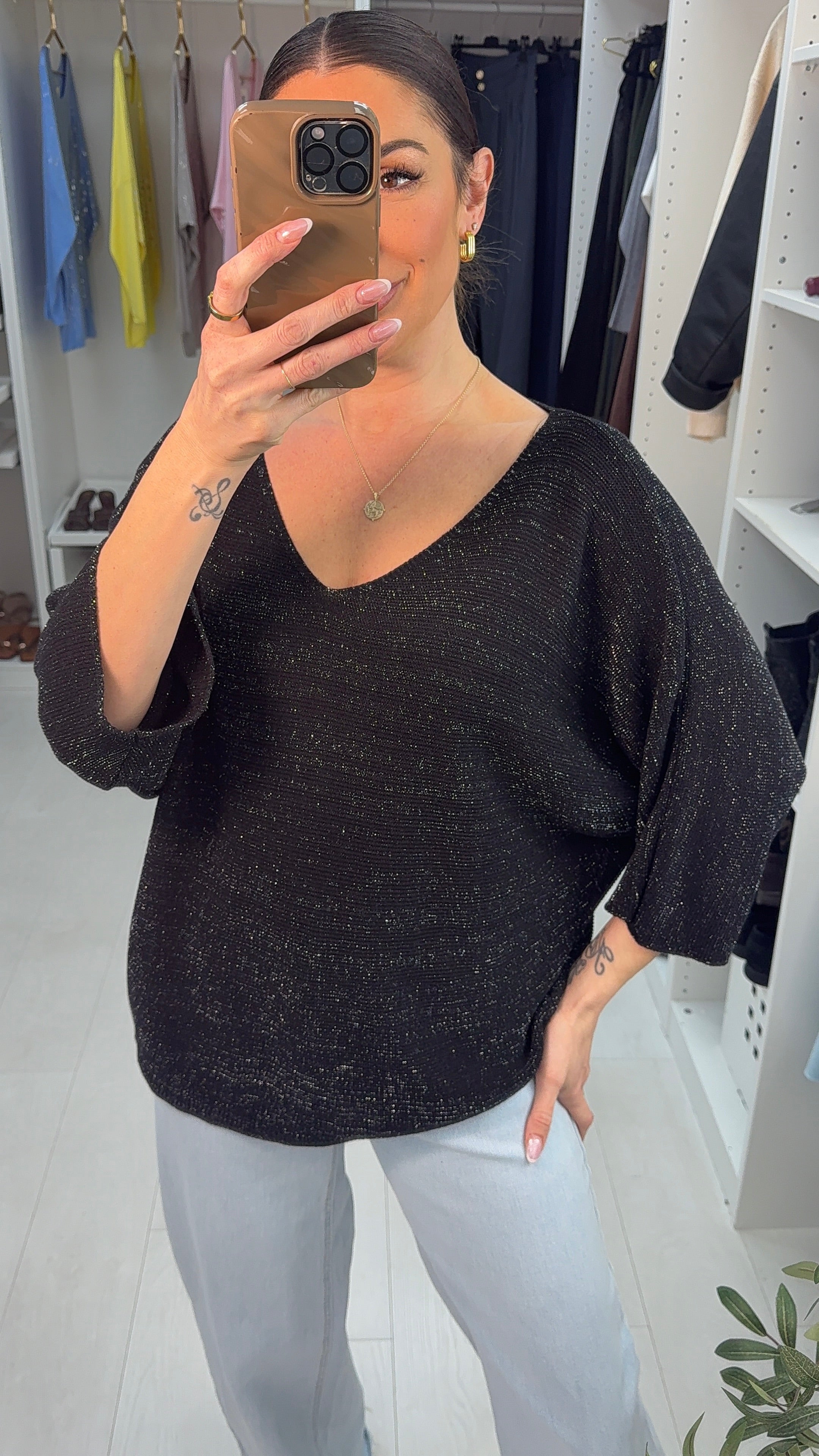 Whitney Lurex V Neck Batwing Sleeve Jumper