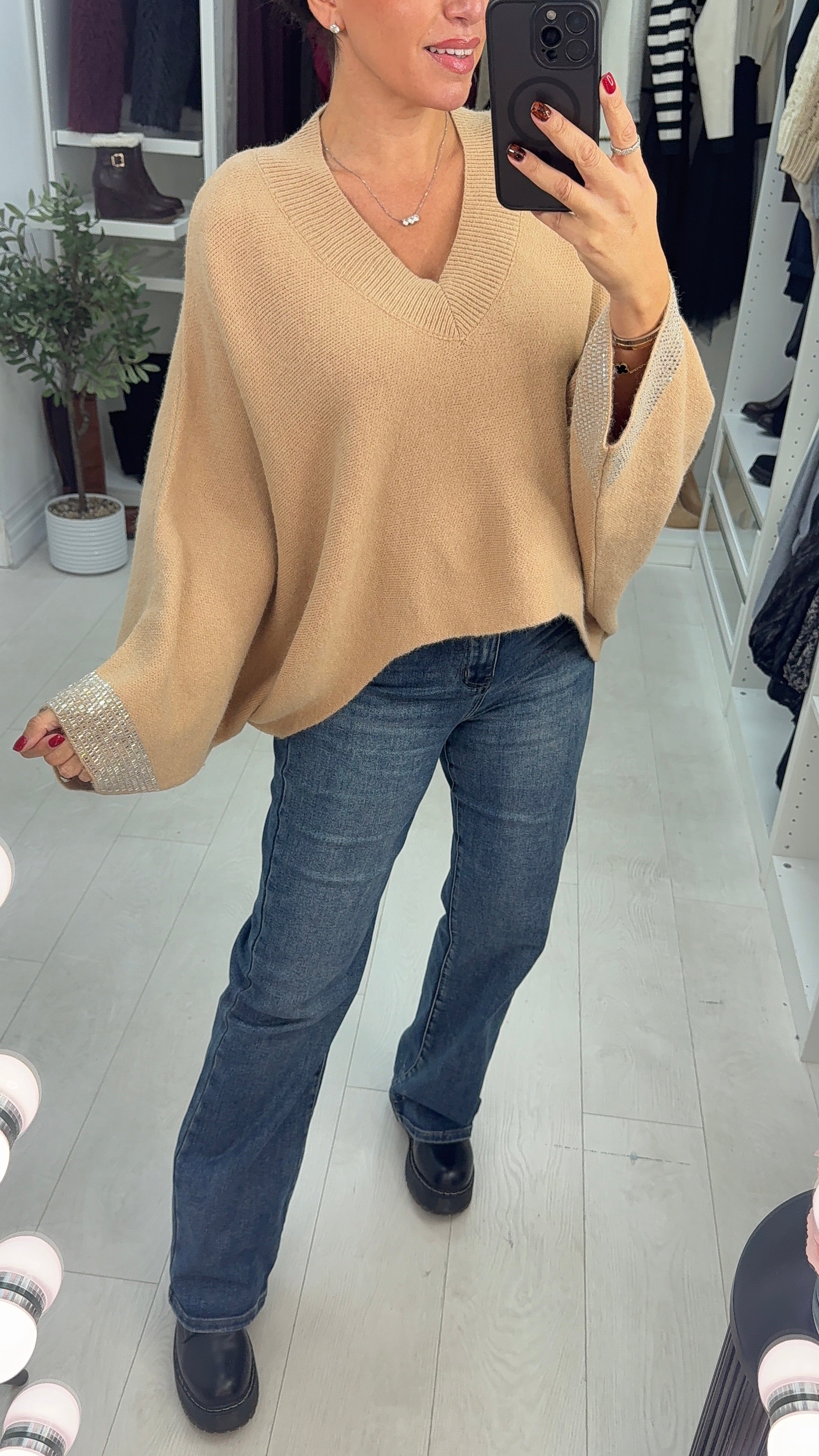 Ramona Plain Diamante Sleeve Detail Loose Fit Jumper