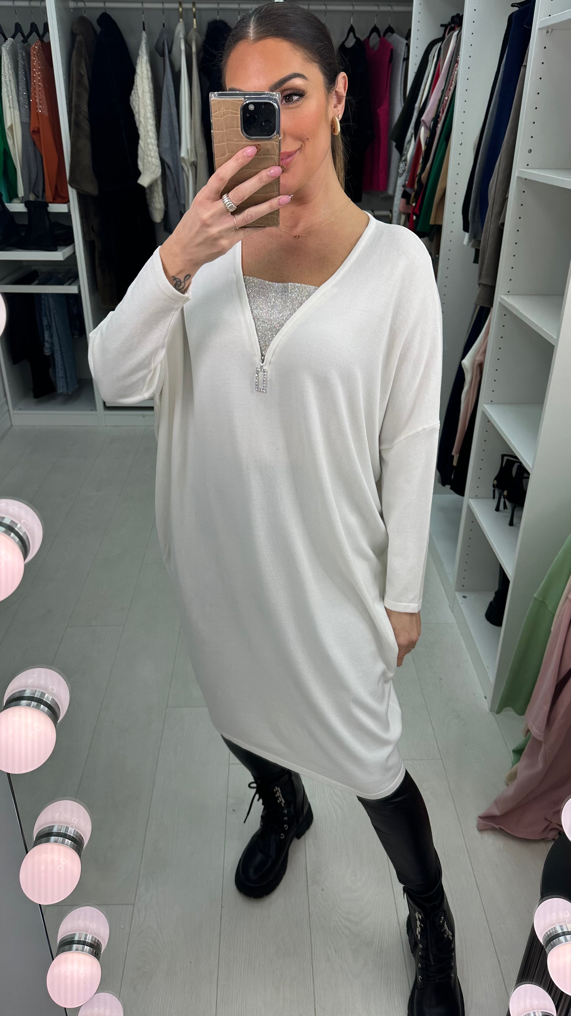 Rosina Diamante Zip Detailed Loose Fit Knitted Jumper Dress