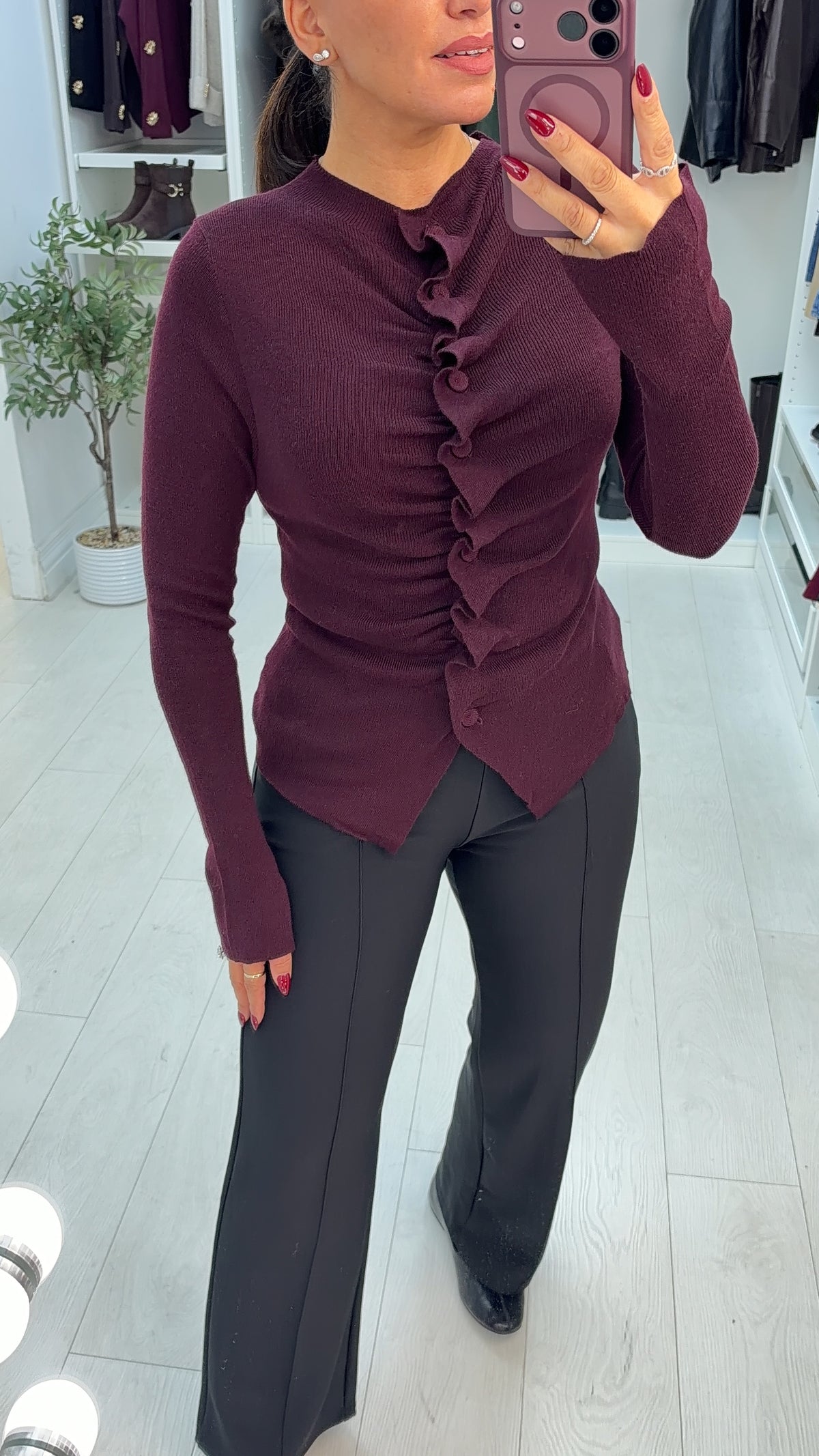 Silvanna Plain Runched Button Front Knit Top