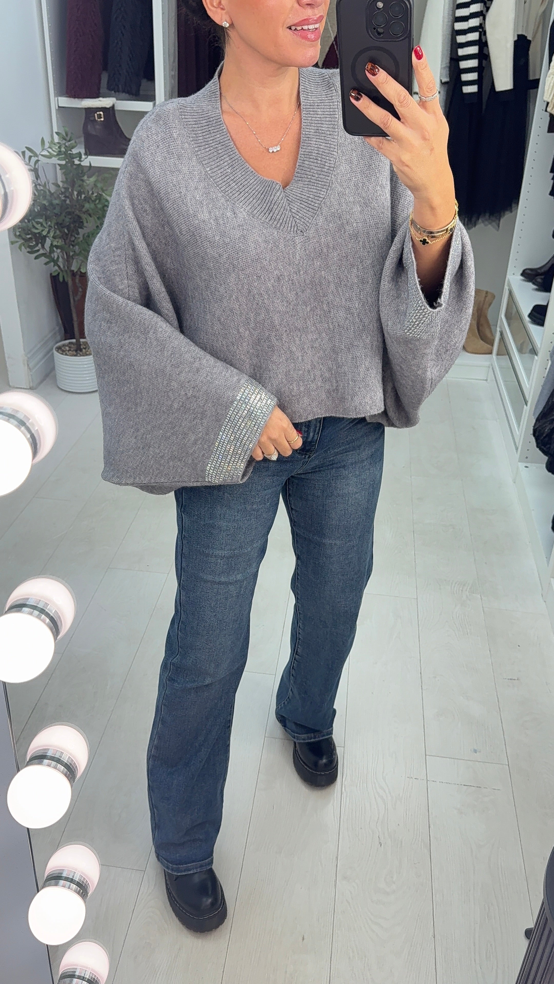 Ramona Plain Diamante Sleeve Detail Loose Fit Jumper