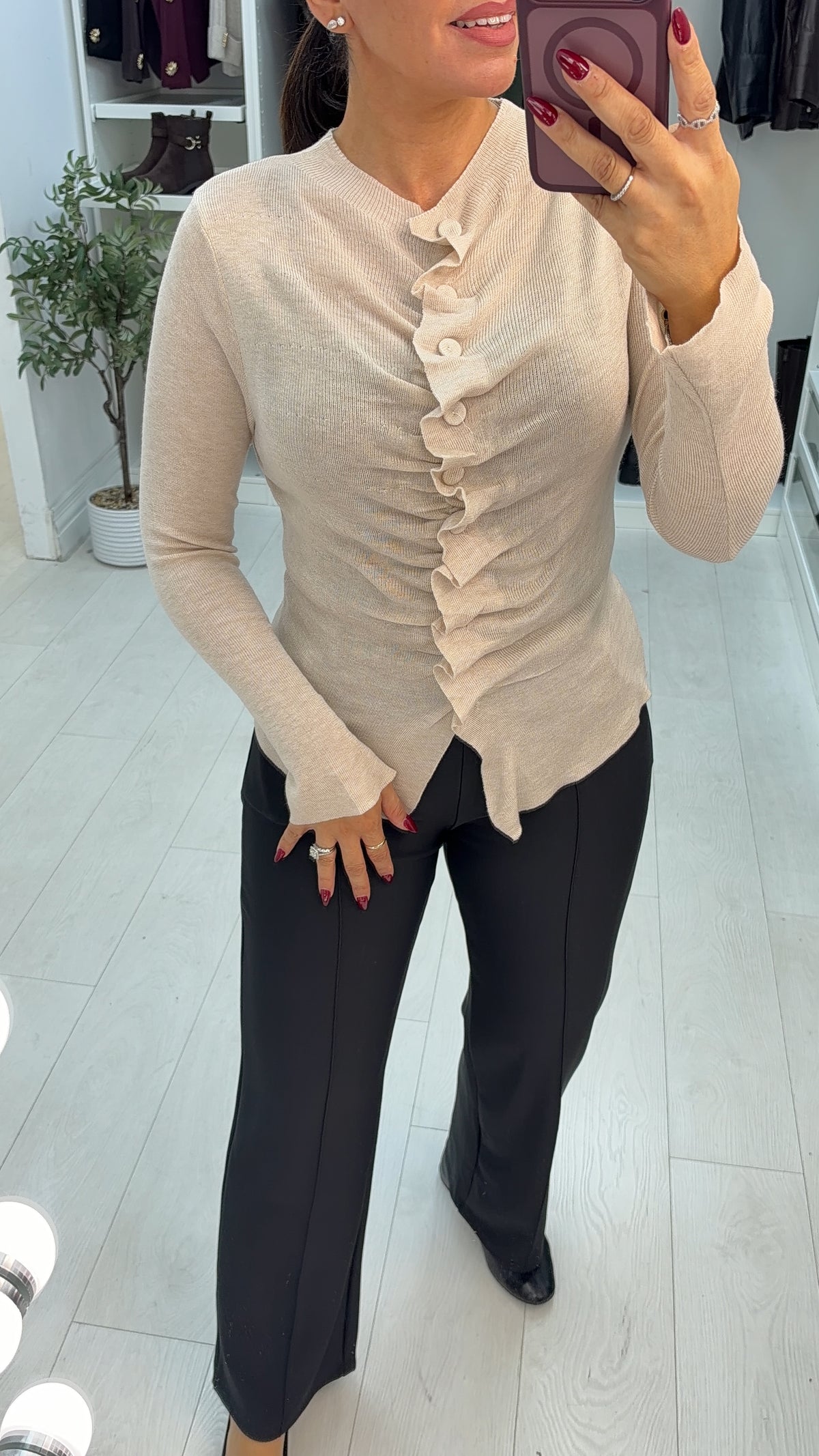 Silvanna Plain Runched Button Front Knit Top