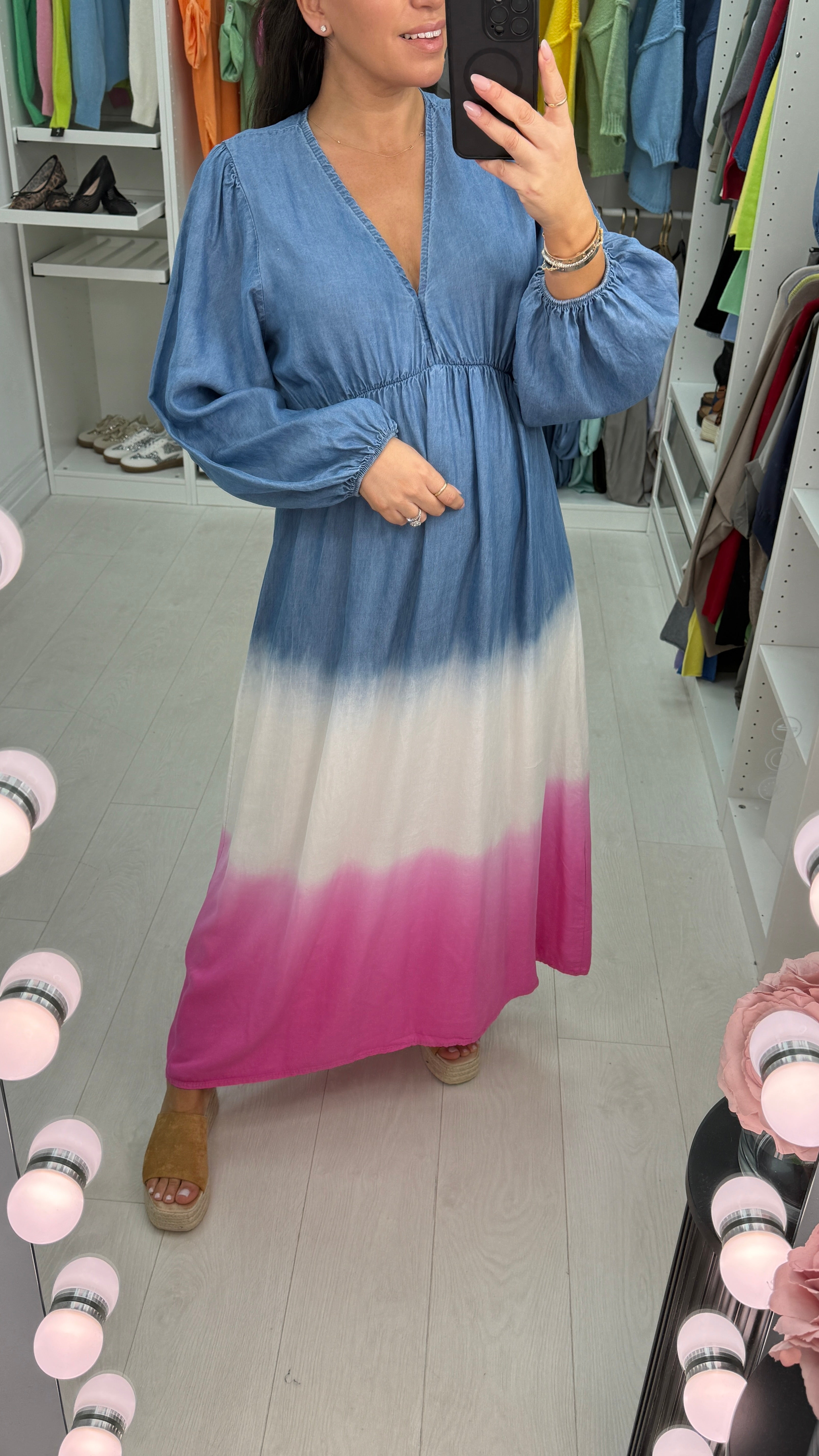 Julia Deep V Neck Denim Ombre Maxi Dress