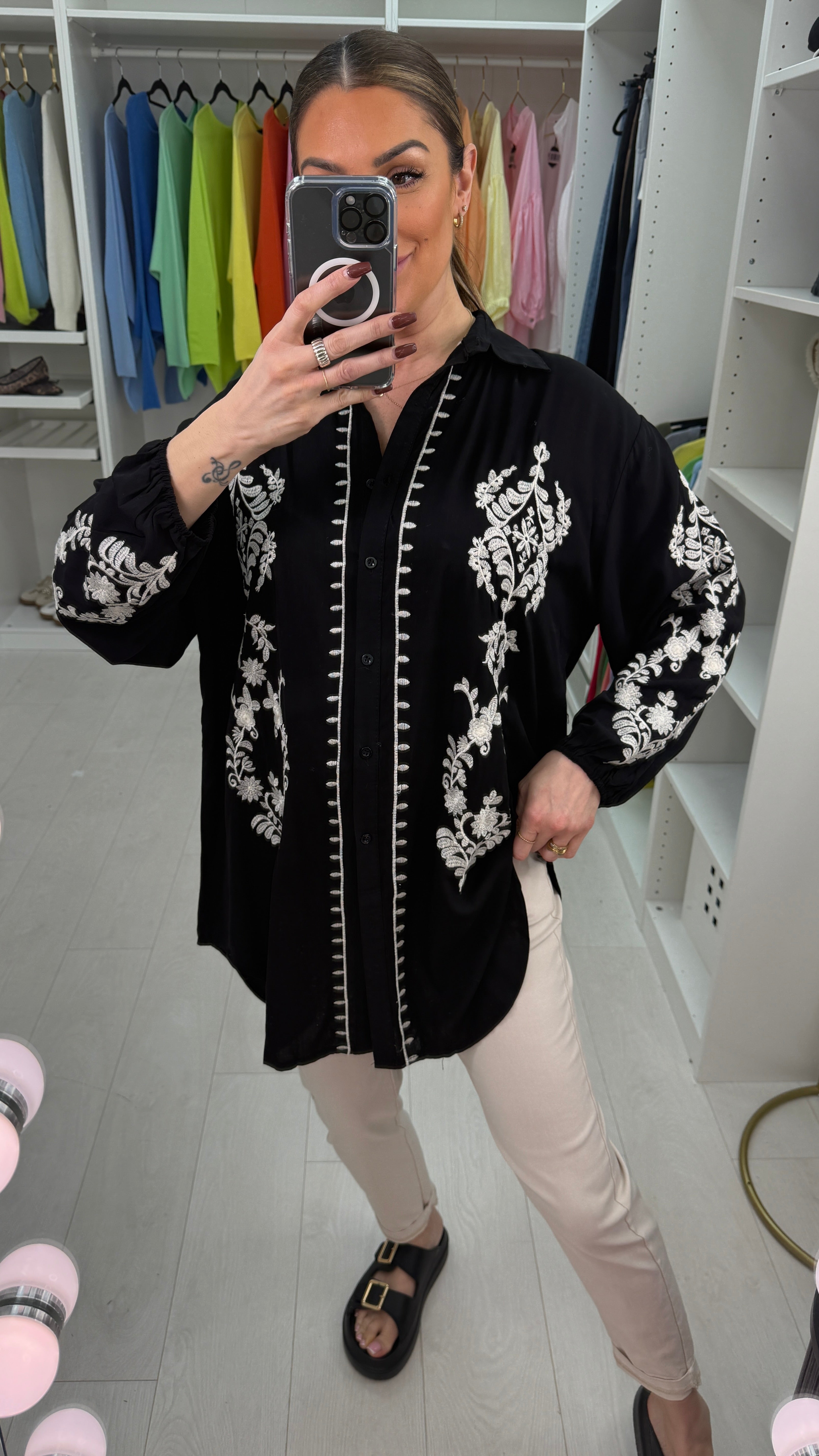 Keyla Embroidered Longline Dipped Hem Shirt