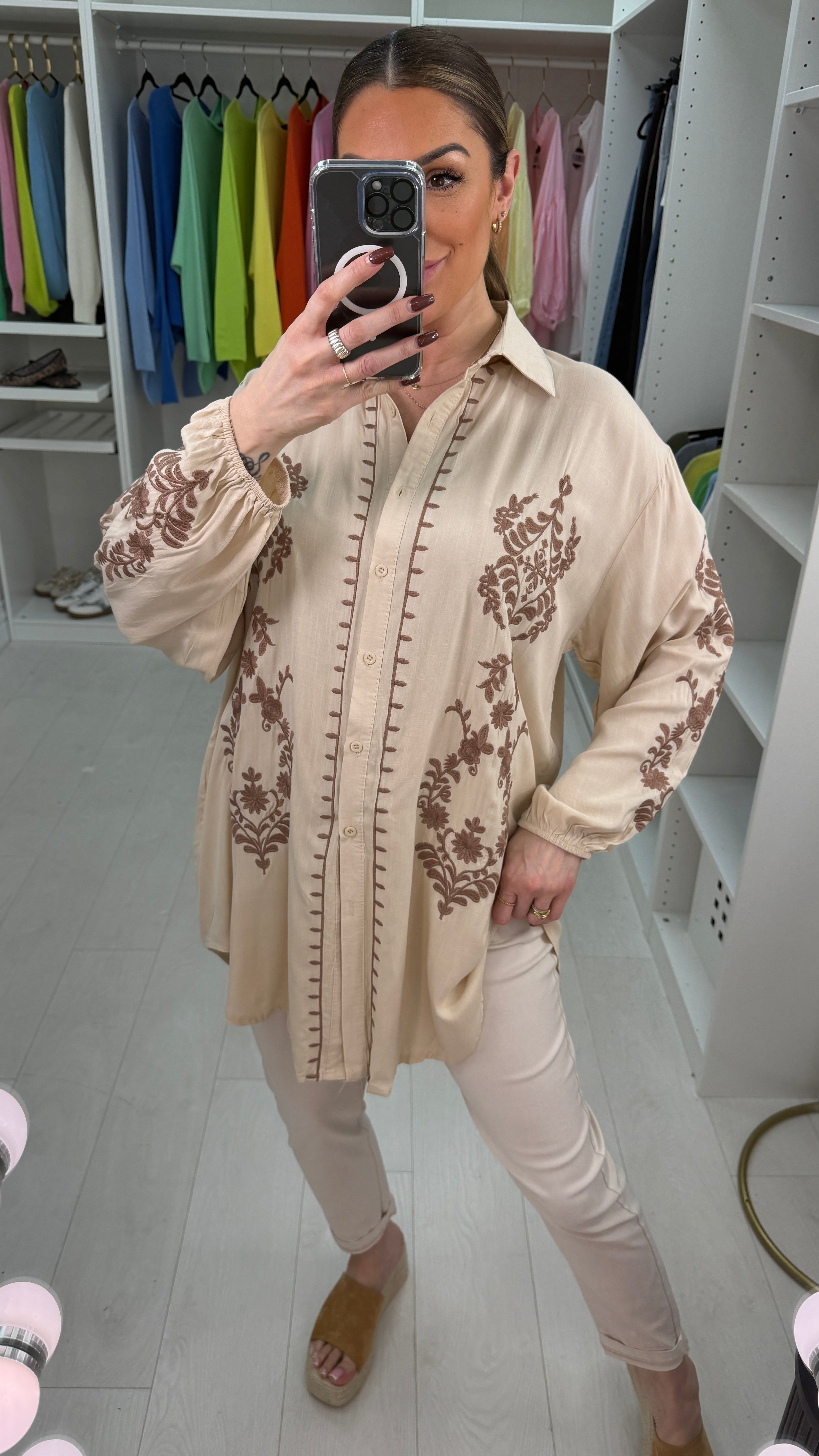 Keyla Embroidered Longline Dipped Hem Shirt