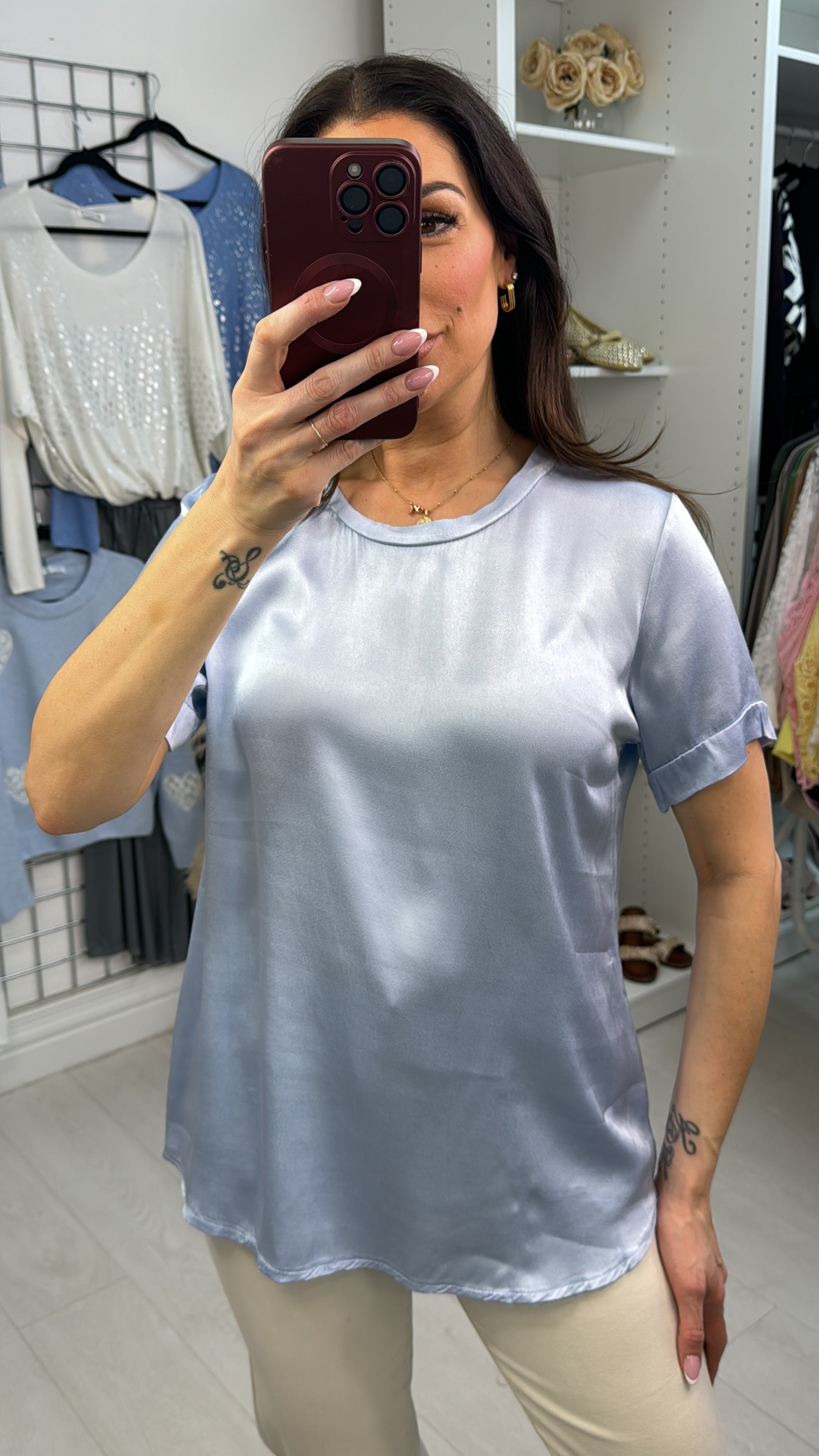 Letita Plain Satin Dipped Hem Short Sleeve Top