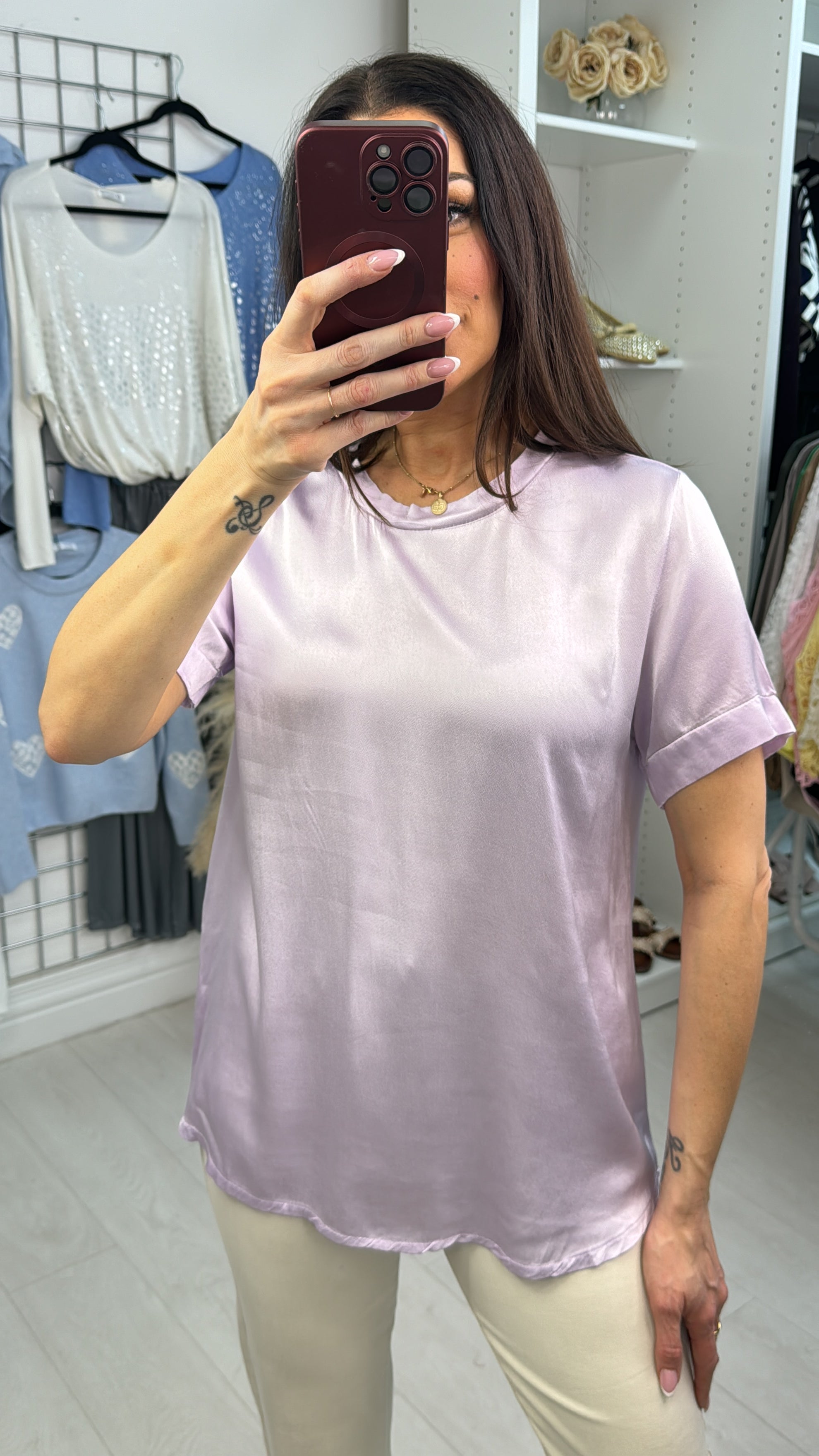 Letita Plain Satin Dipped Hem Short Sleeve Top