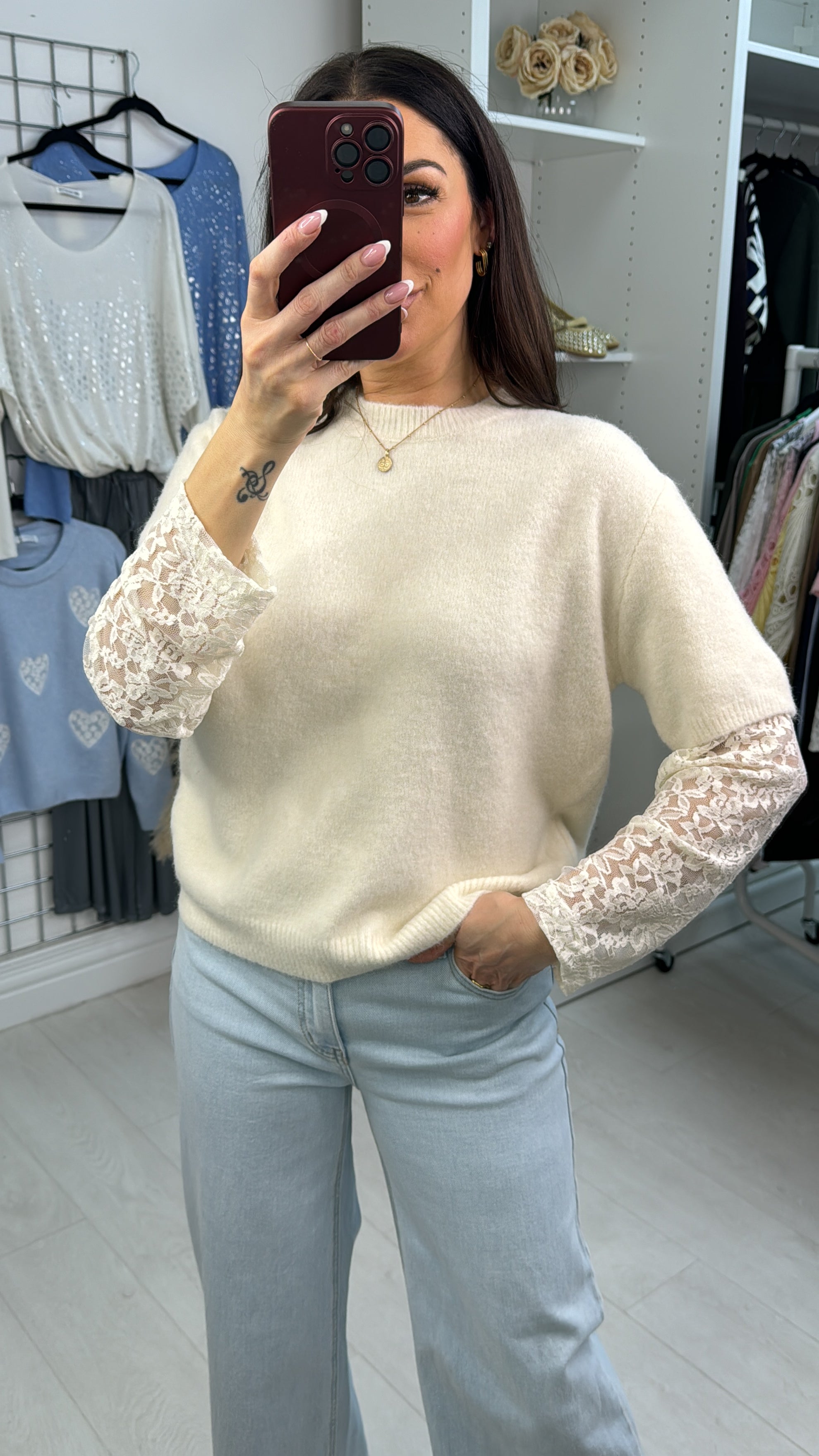 Damaris Lace Sleeve Round Neck Soft Jumper