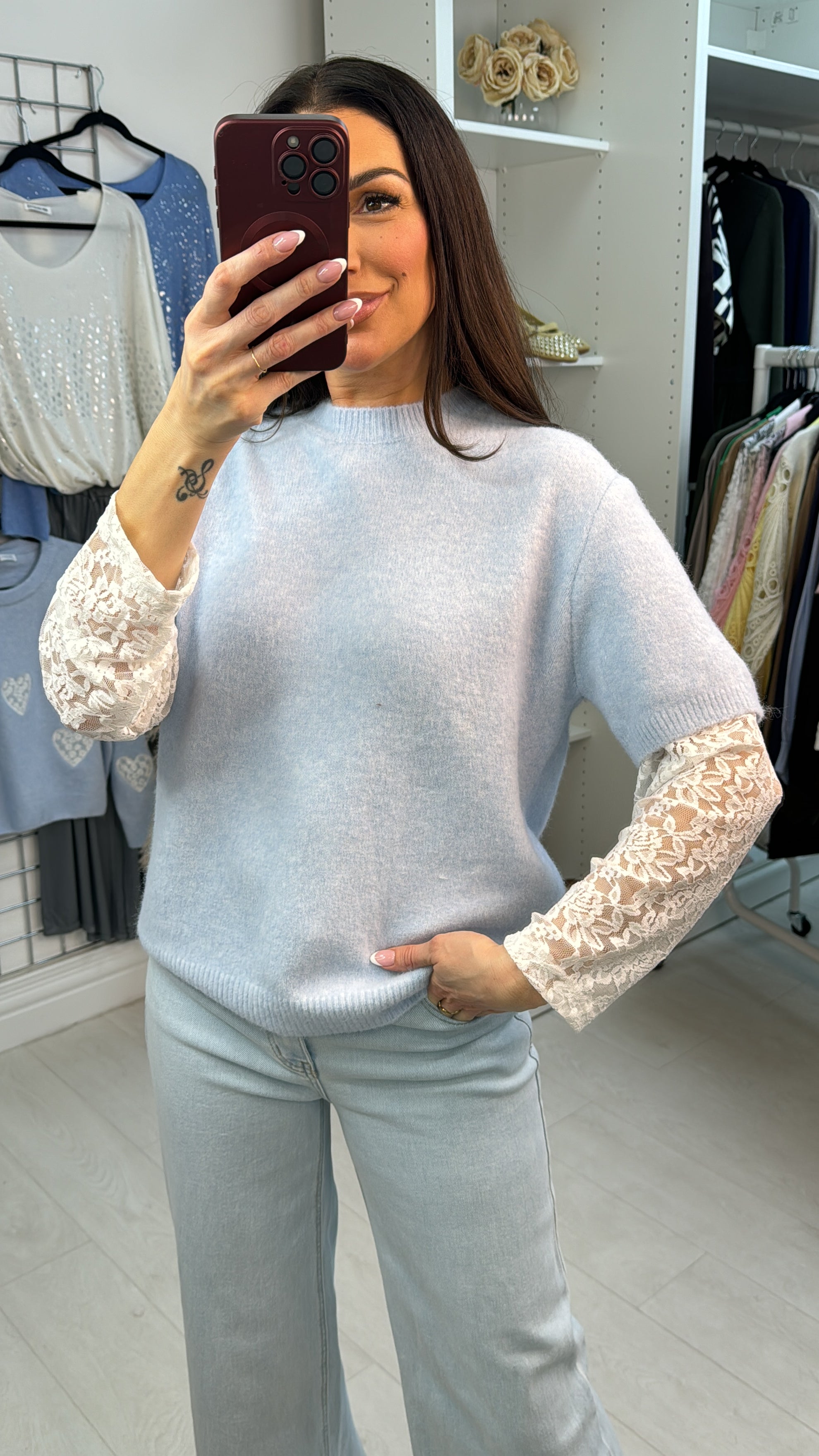 Damaris Lace Sleeve Round Neck Soft Jumper
