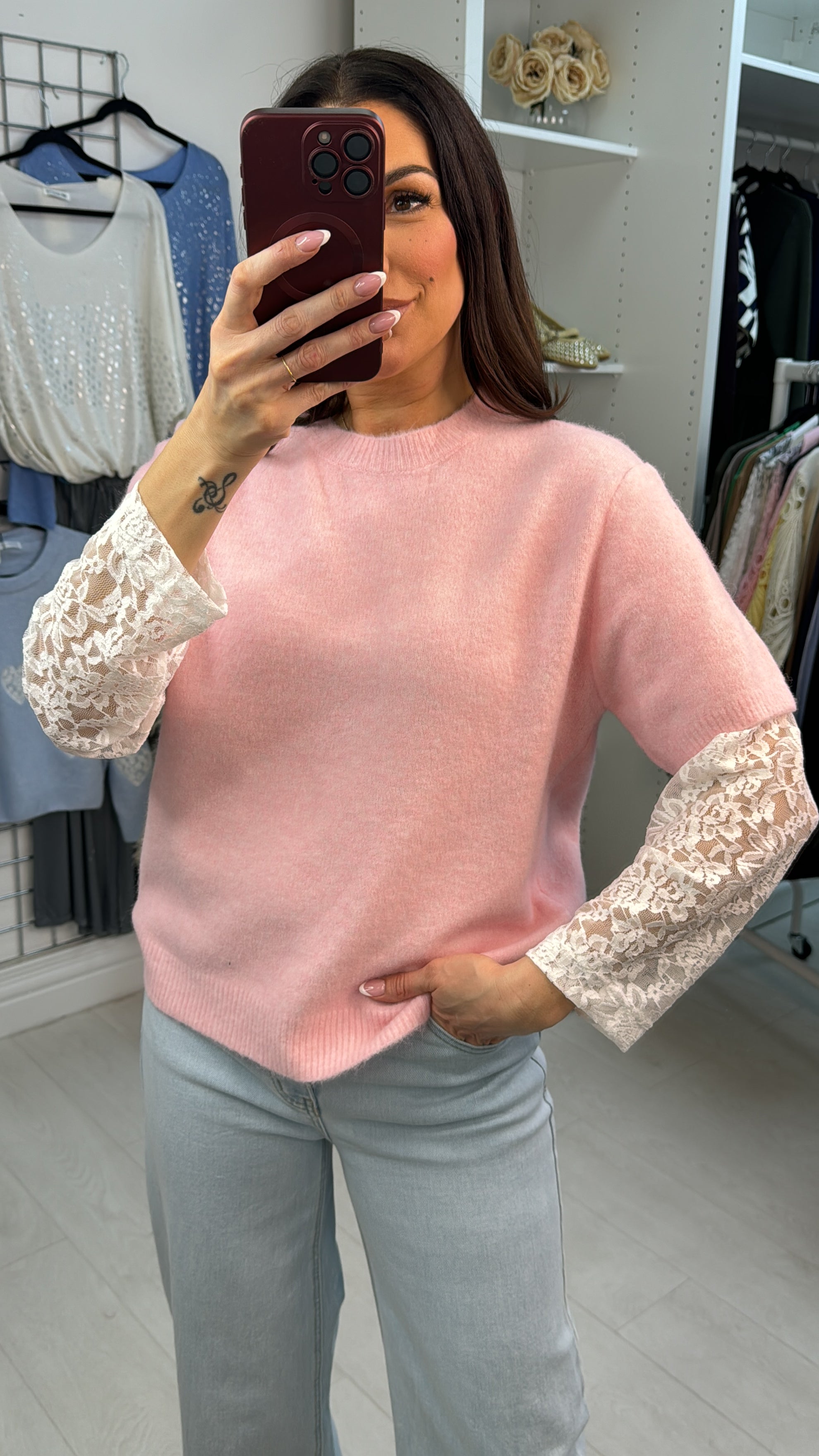 Damaris Lace Sleeve Round Neck Soft Jumper
