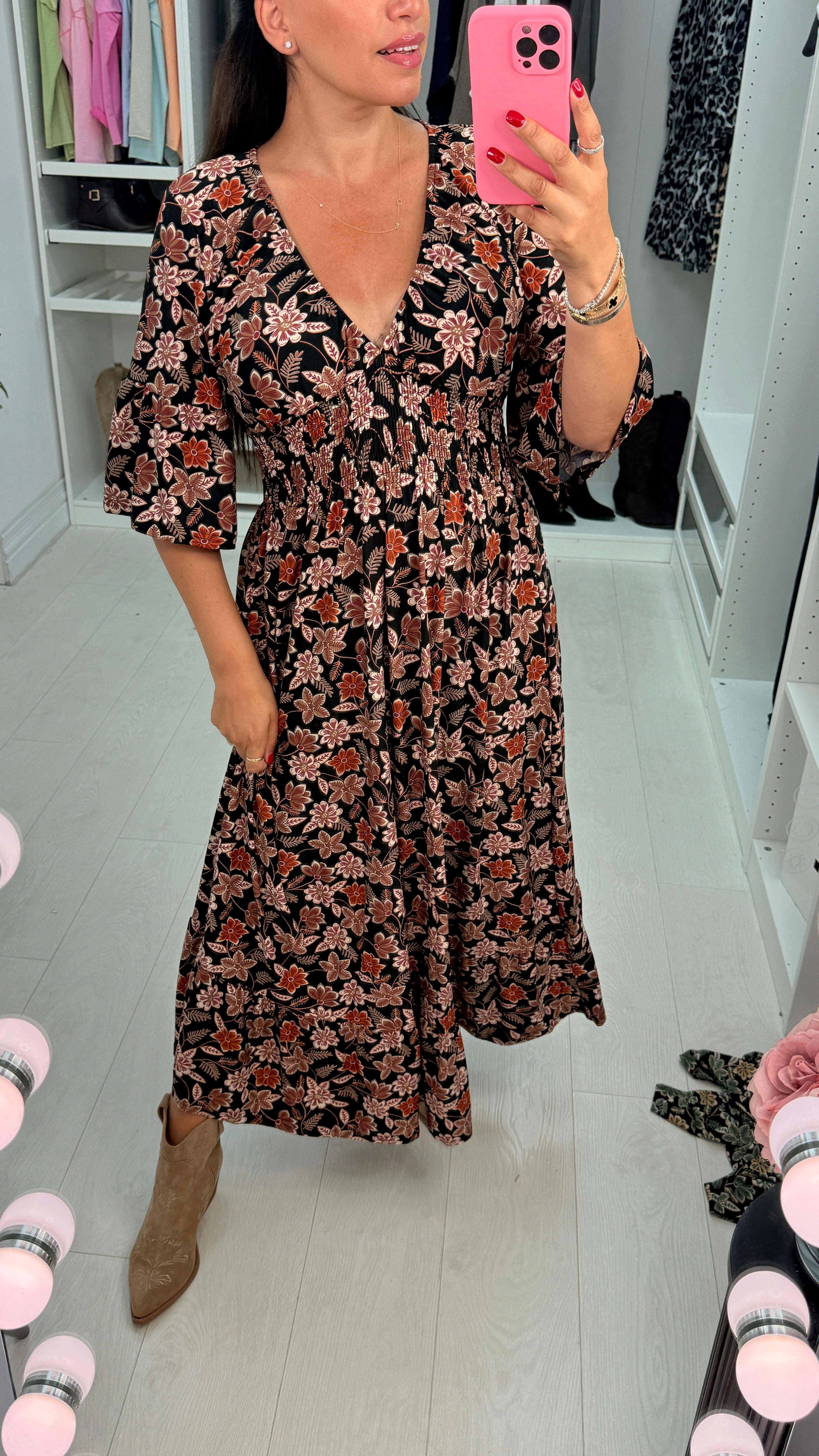 Breanne Floral Print Shirred Waist Magic Maxi Dress