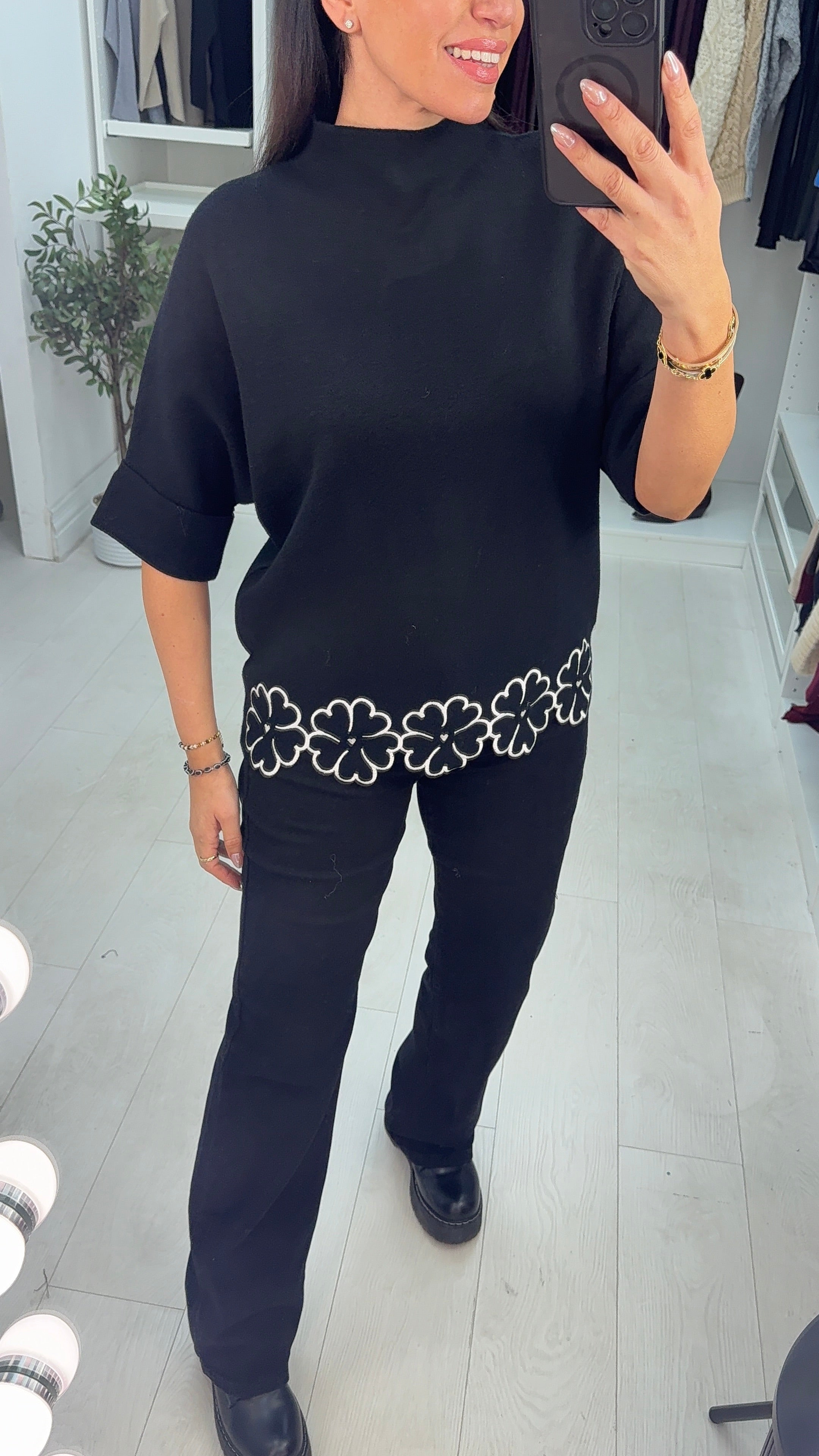 Bethie Plain Floral Trim High Neck Jumper