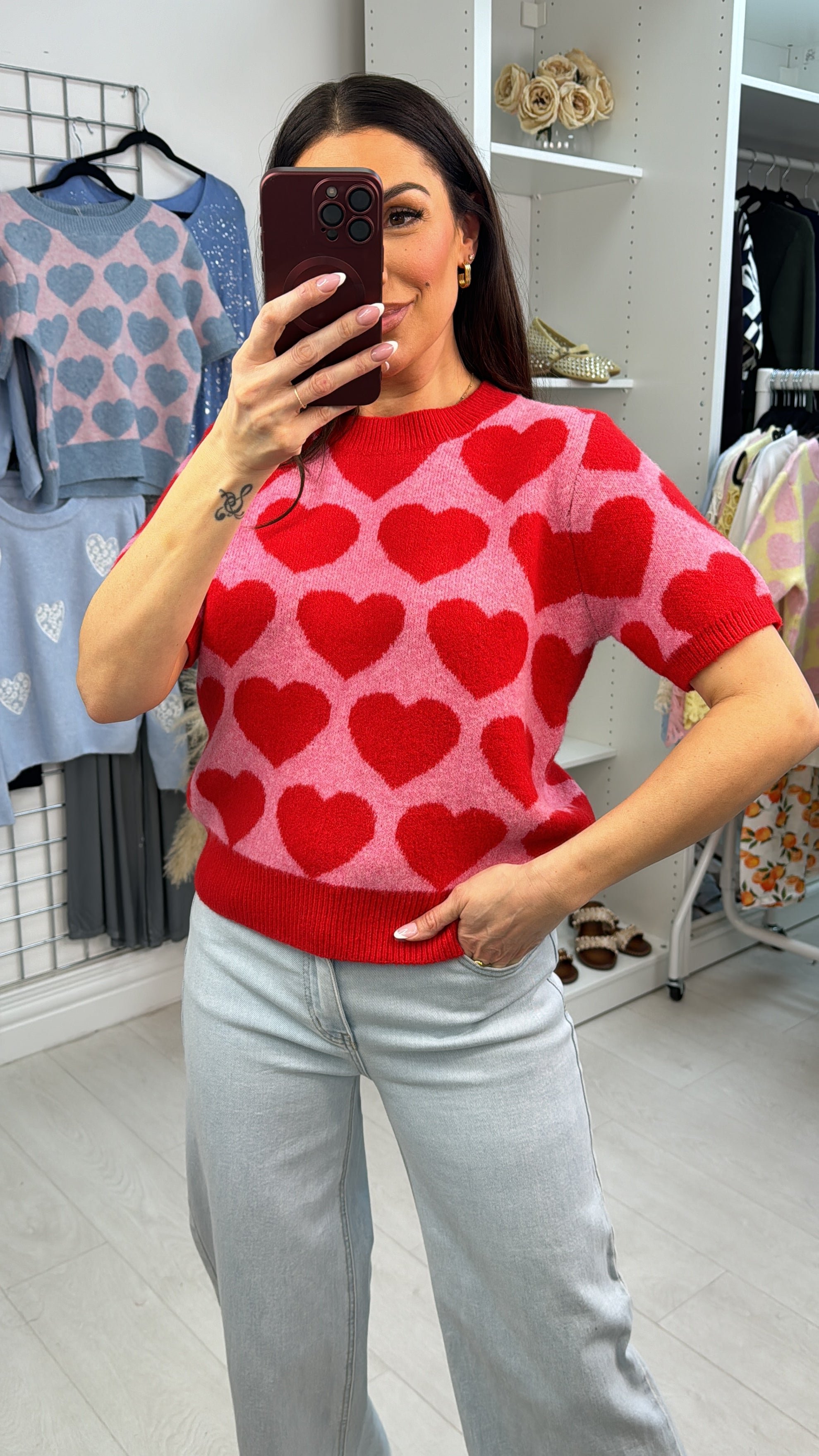 Marica Heart Print Super Soft Short Sleeve Jumper