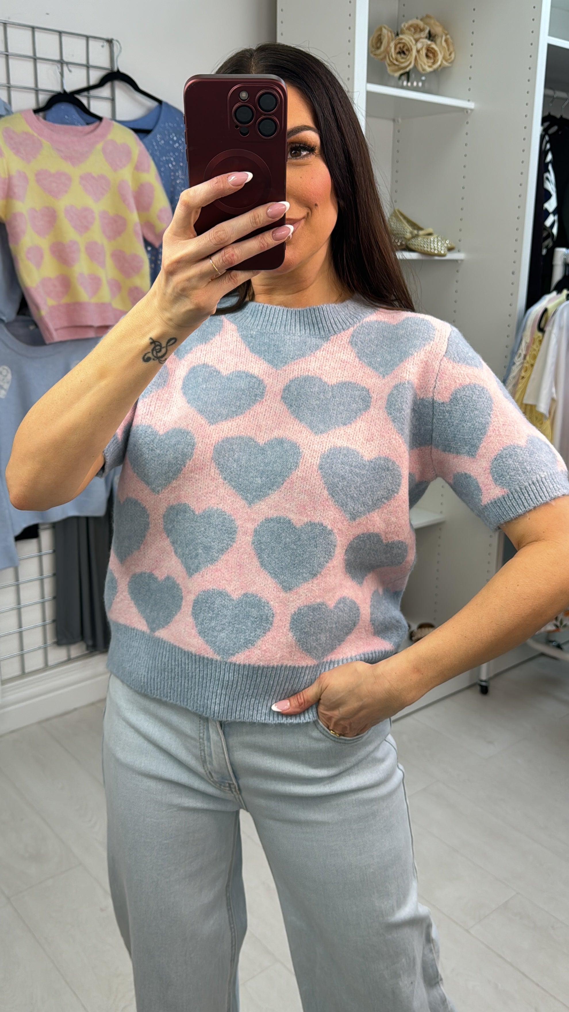 Marica Heart Print Super Soft Short Sleeve Jumper