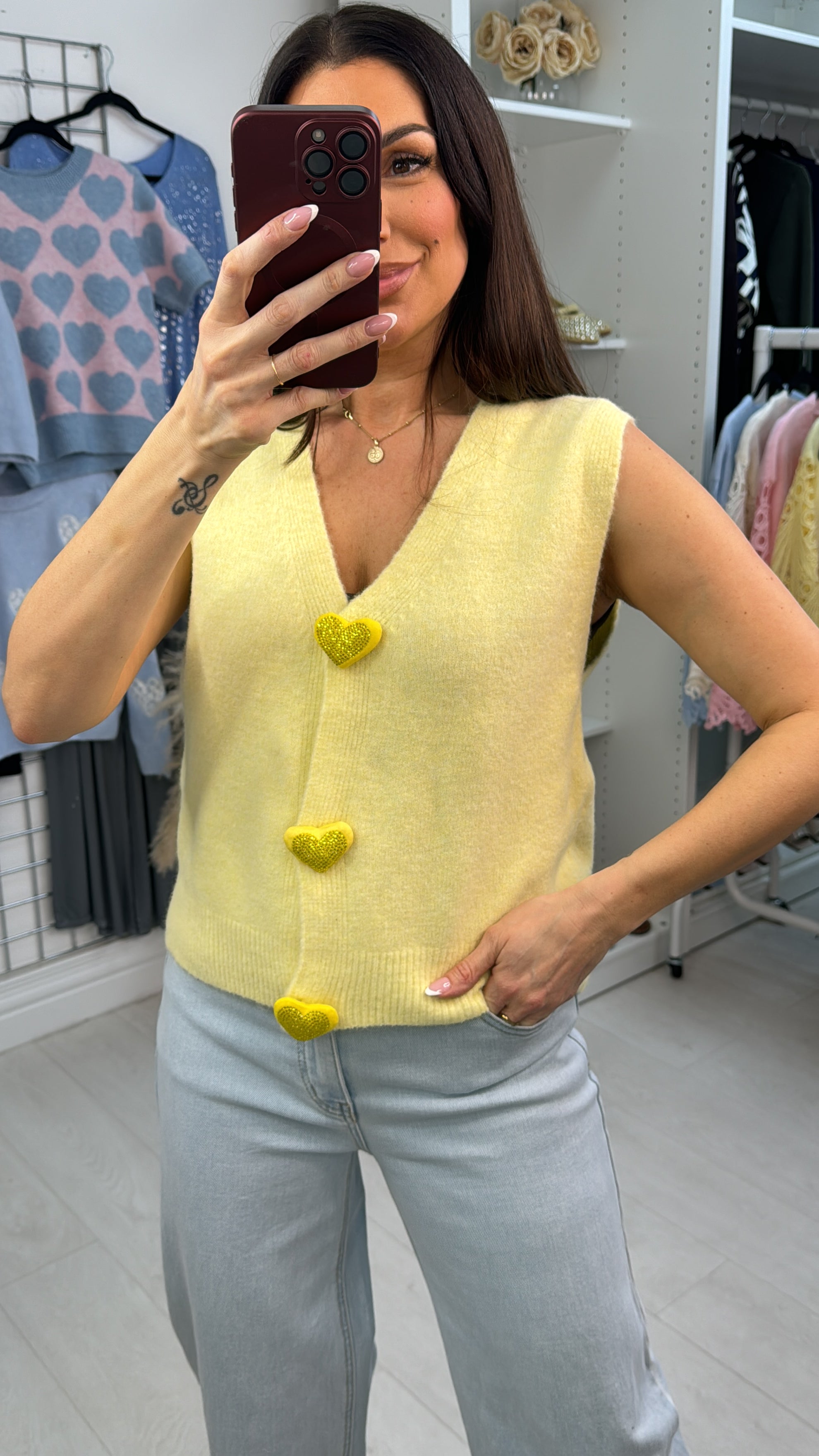 Brianna Embellished Heart Sleeveless V Neck Cardigan