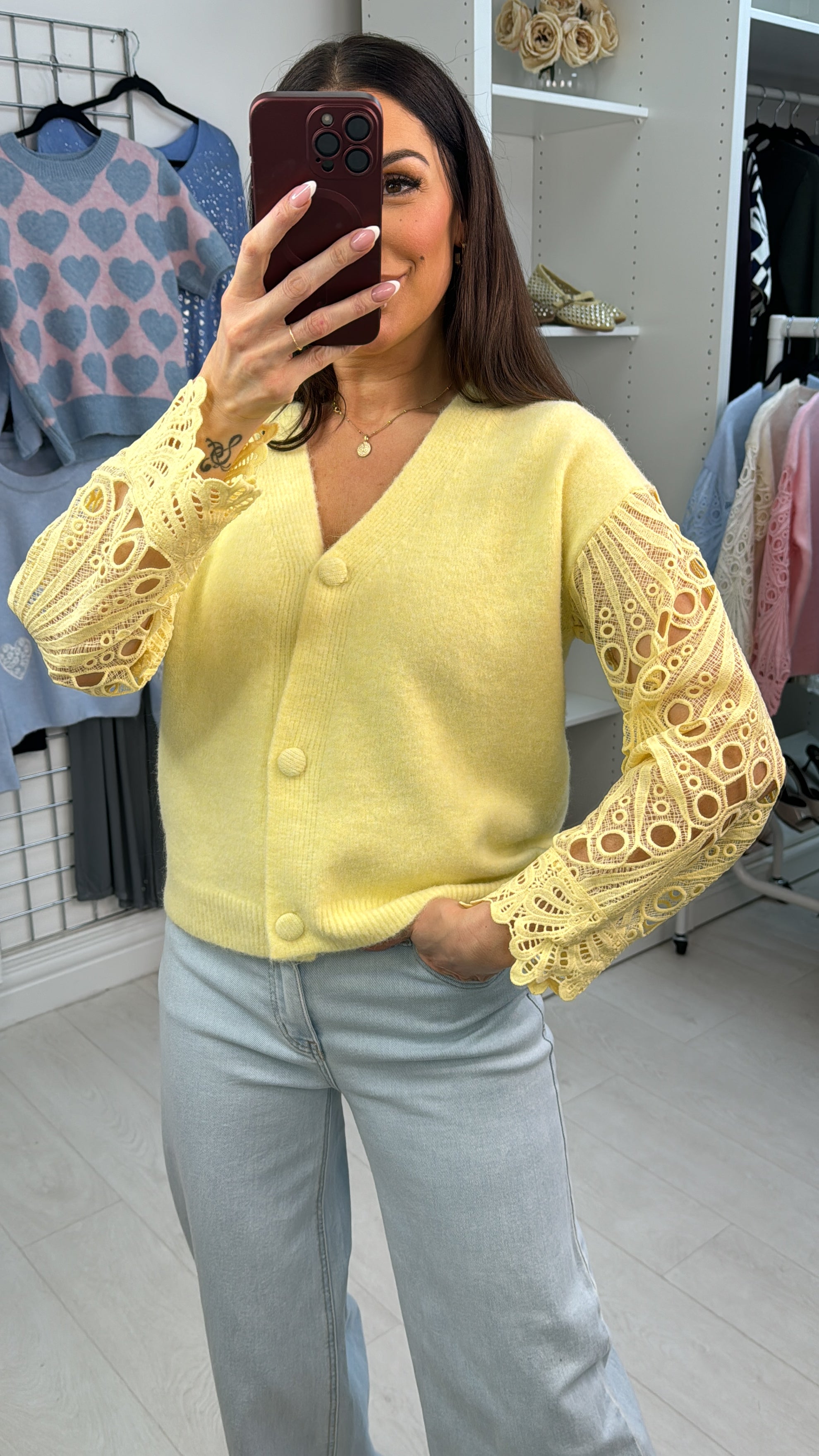 Marisela Plain Lace Sleeves Button Front Cardigan