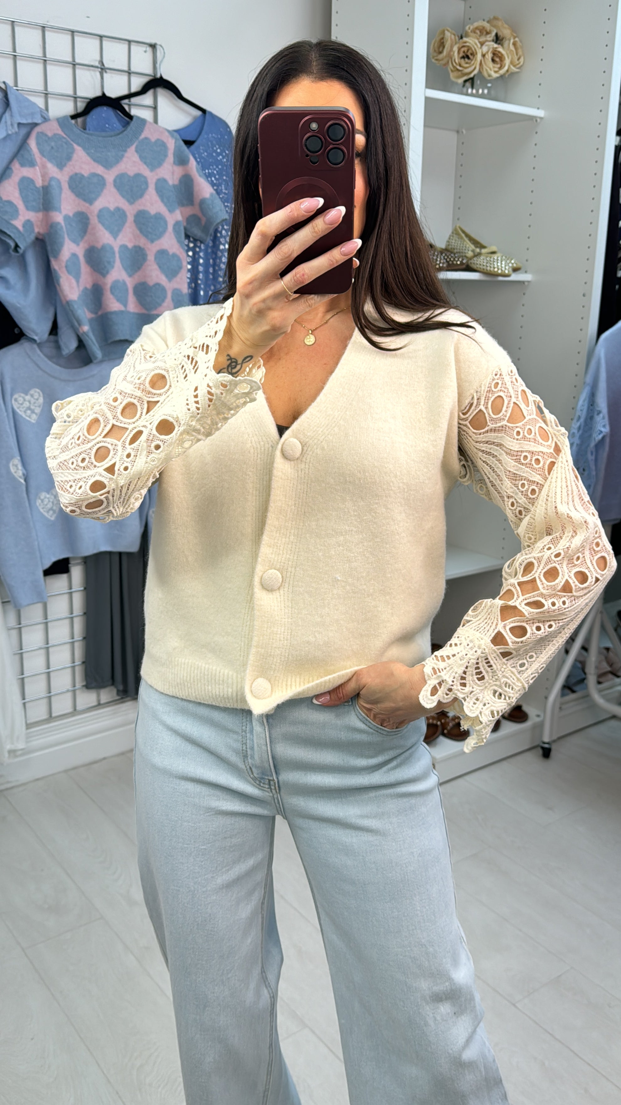 Marisela Plain Lace Sleeves Button Front Cardigan