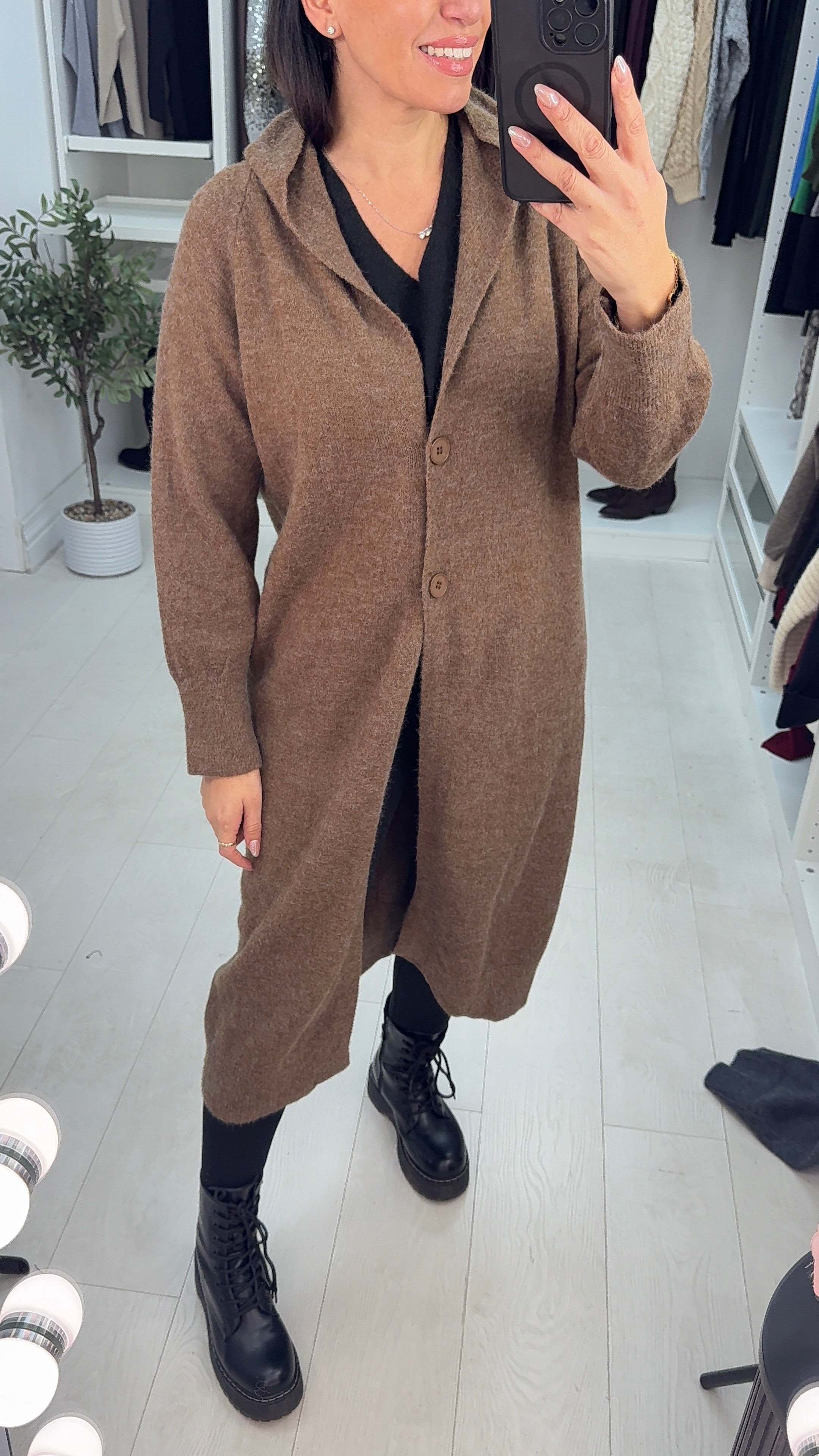 Ottie Plain Button Closure Longline Hooded Cardigan