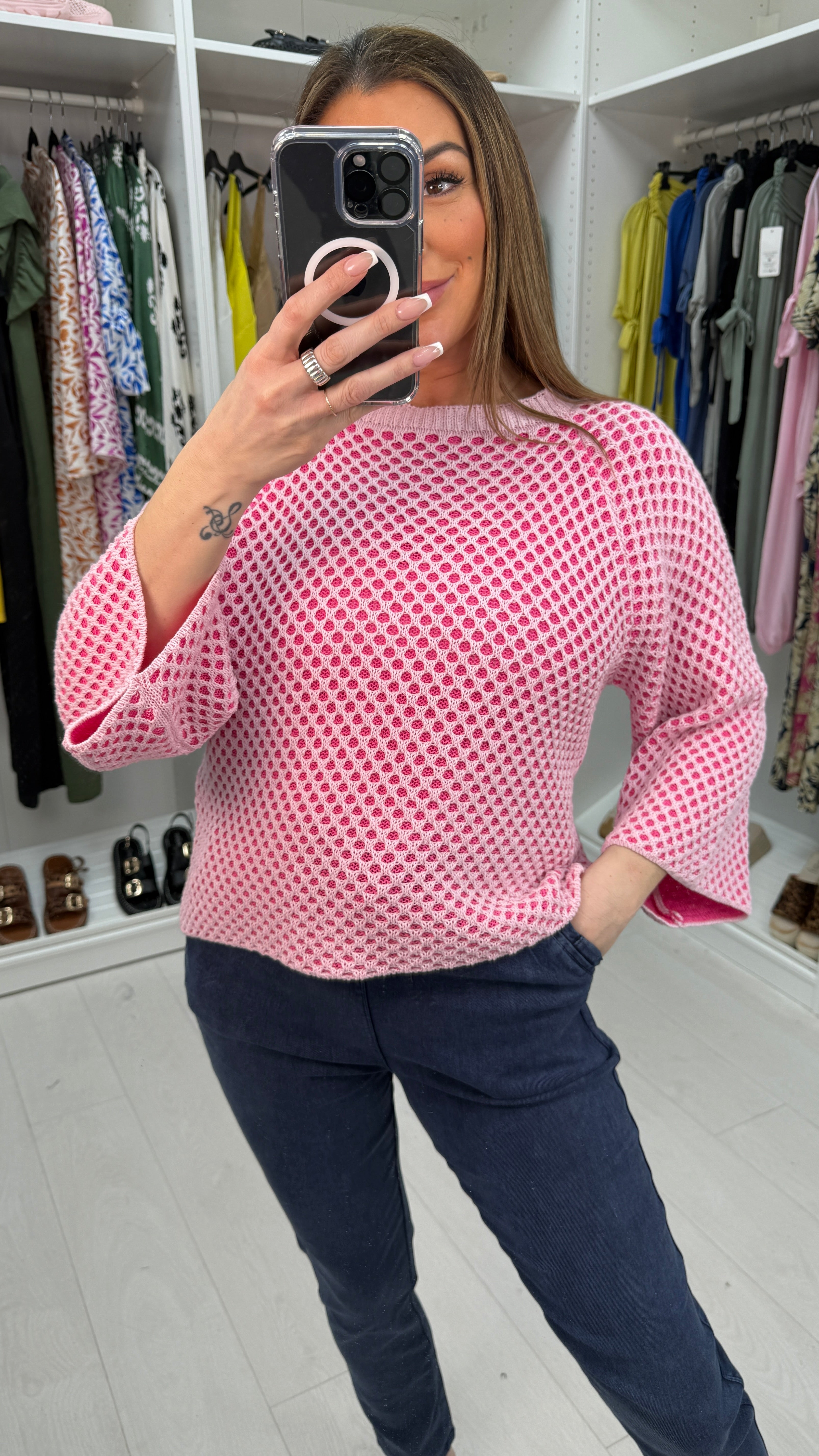 Jacqueline 3/4 Sleeve Crochet Knit Top