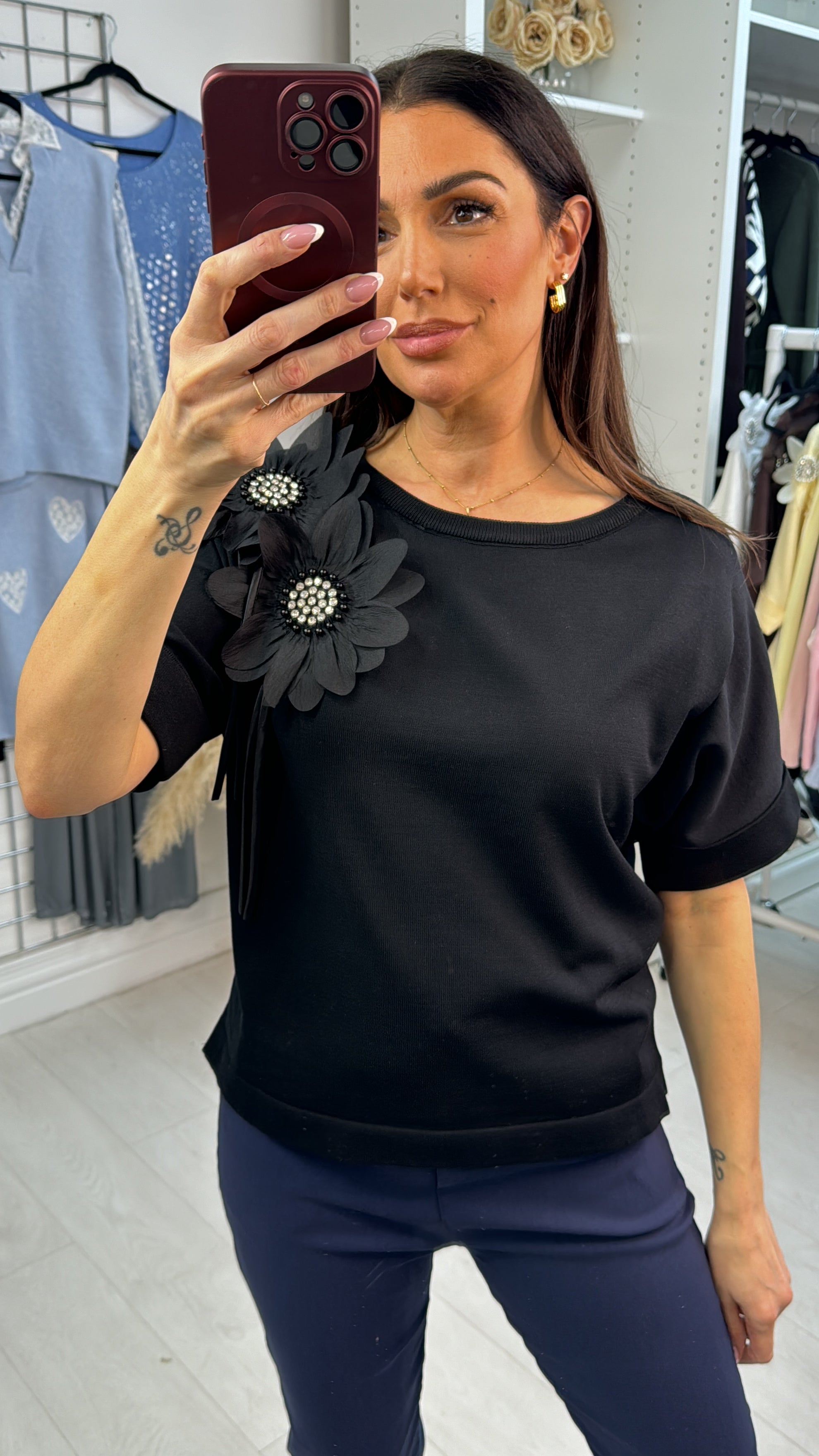 Coralie Plain Embellished Flower Short Sleeve Top