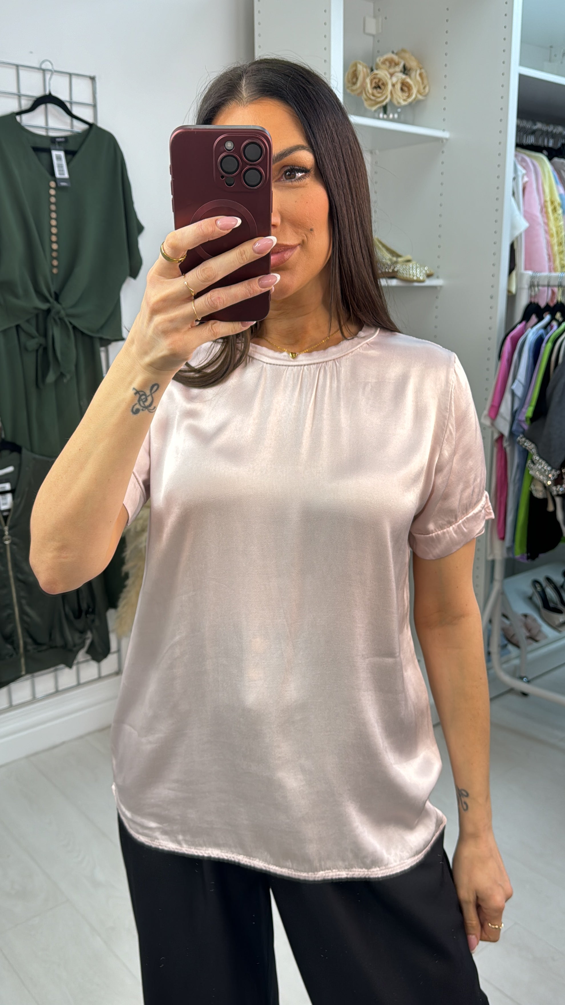 Gabby Plain Satin Short Sleeve Top