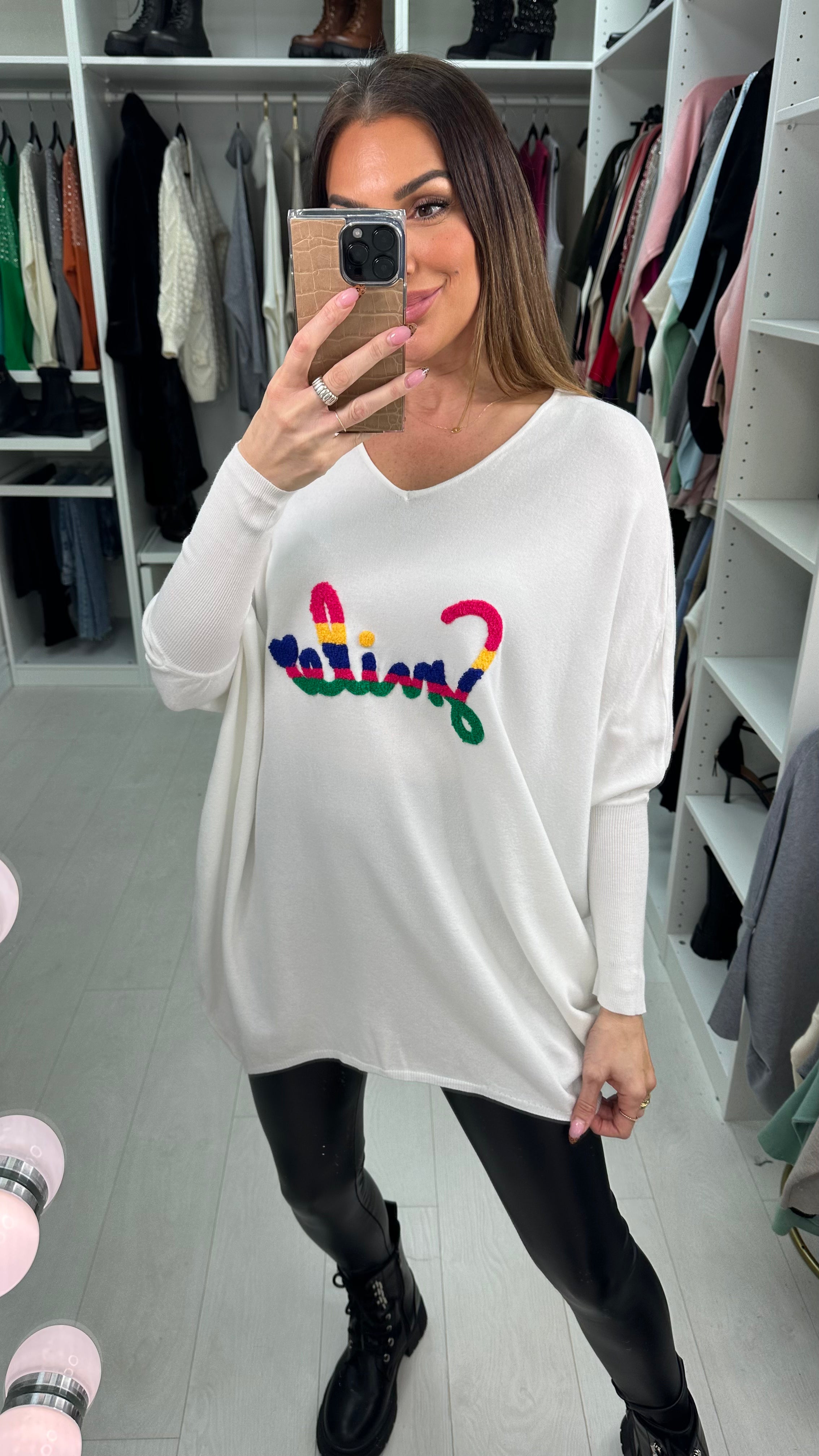 Zina Cream Colourful Smile Slogan Jumper