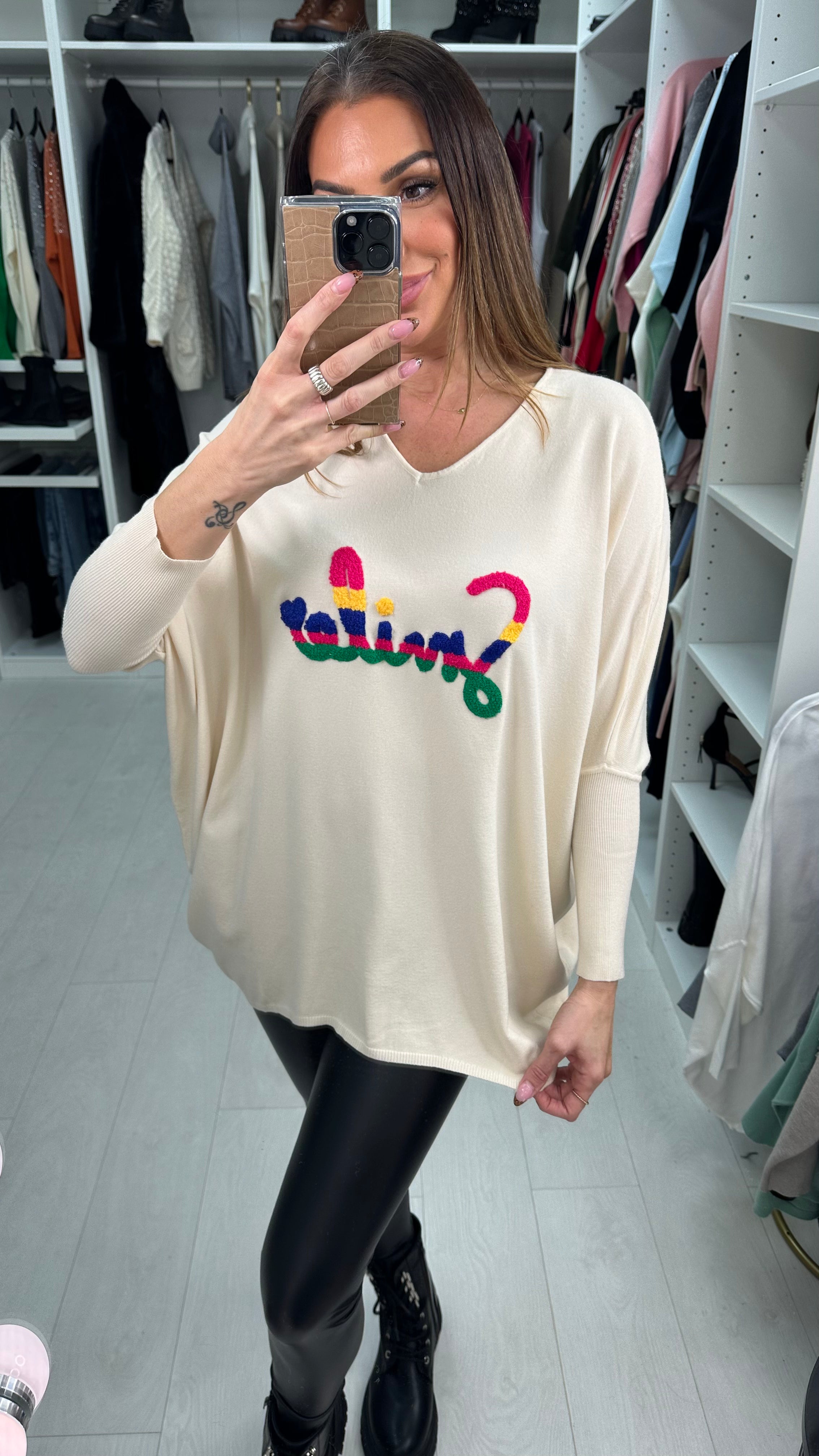 Zina Cream Colourful Smile Slogan Jumper