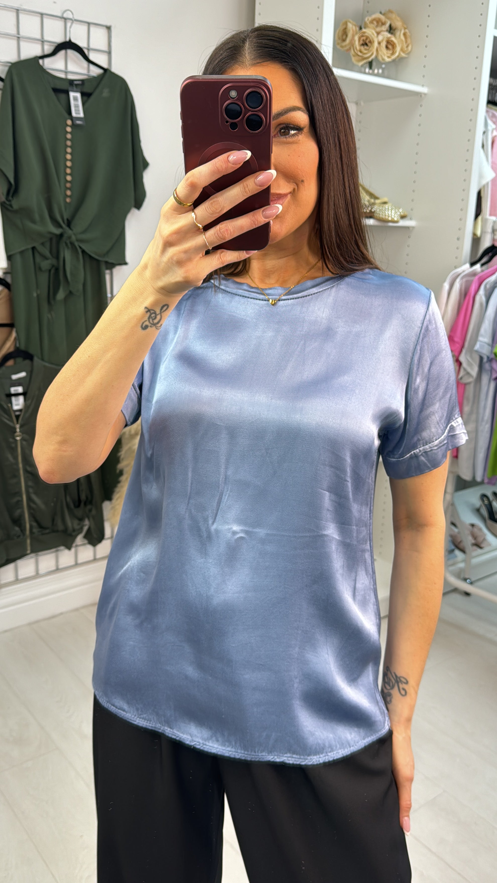 Gabby Plain Satin Short Sleeve Top