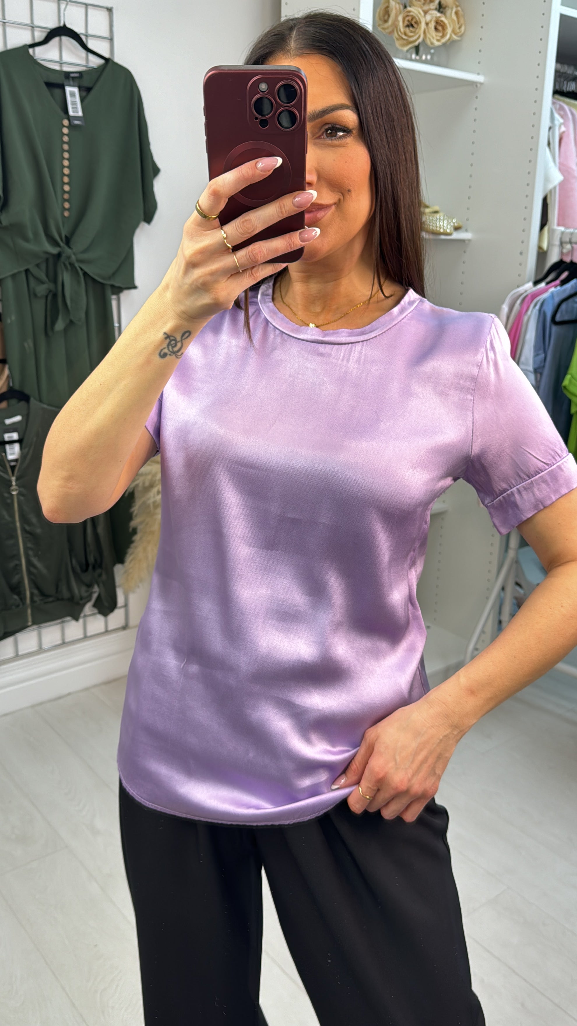 Gabby Plain Satin Short Sleeve Top