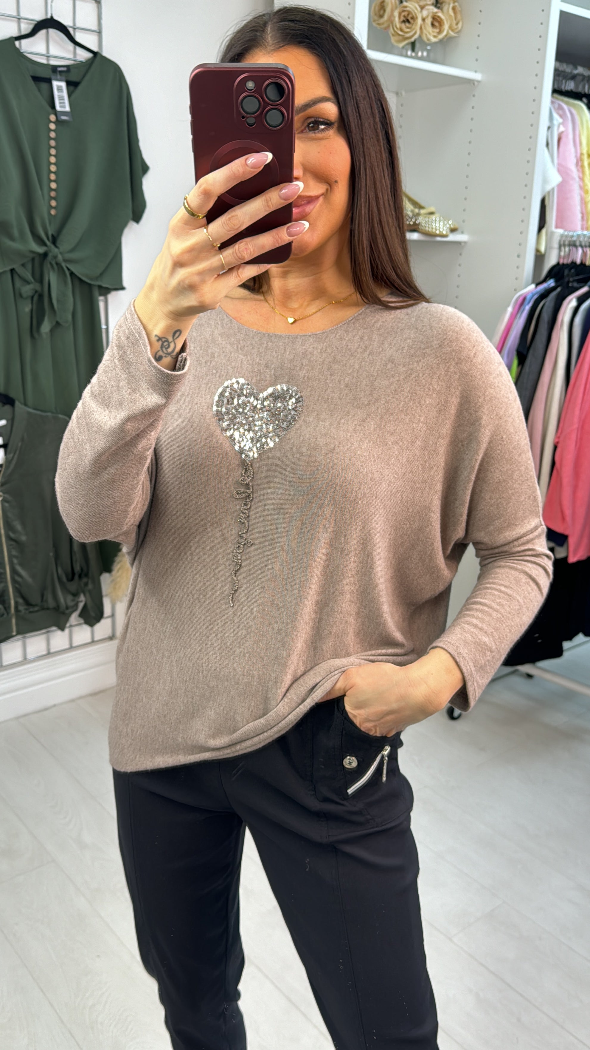Betsy Sequin Heart Detail Loose Fit Thin Knit Jumper