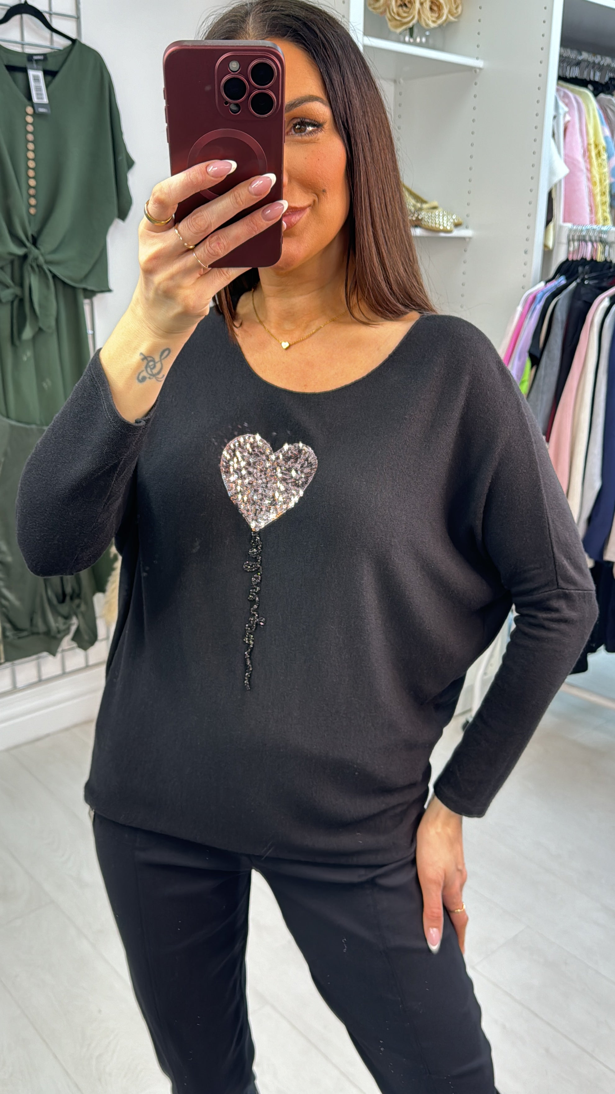 Betsy Sequin Heart Detail Loose Fit Thin Knit Jumper